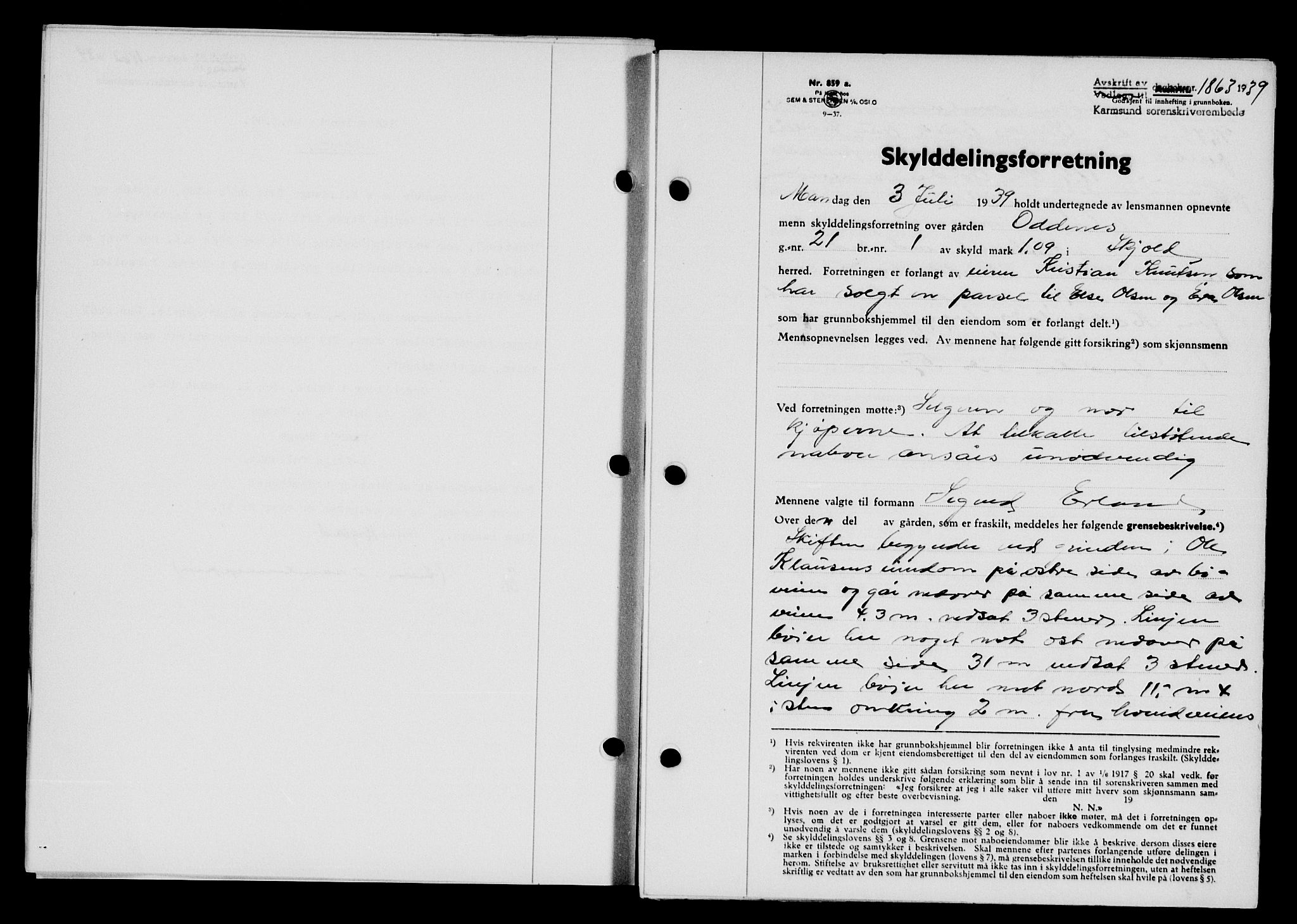 Karmsund sorenskriveri, SAST/A-100311/01/II/IIB/L0072: Pantebok nr. 53A, 1939-1940, Dagboknr: 1863/1939