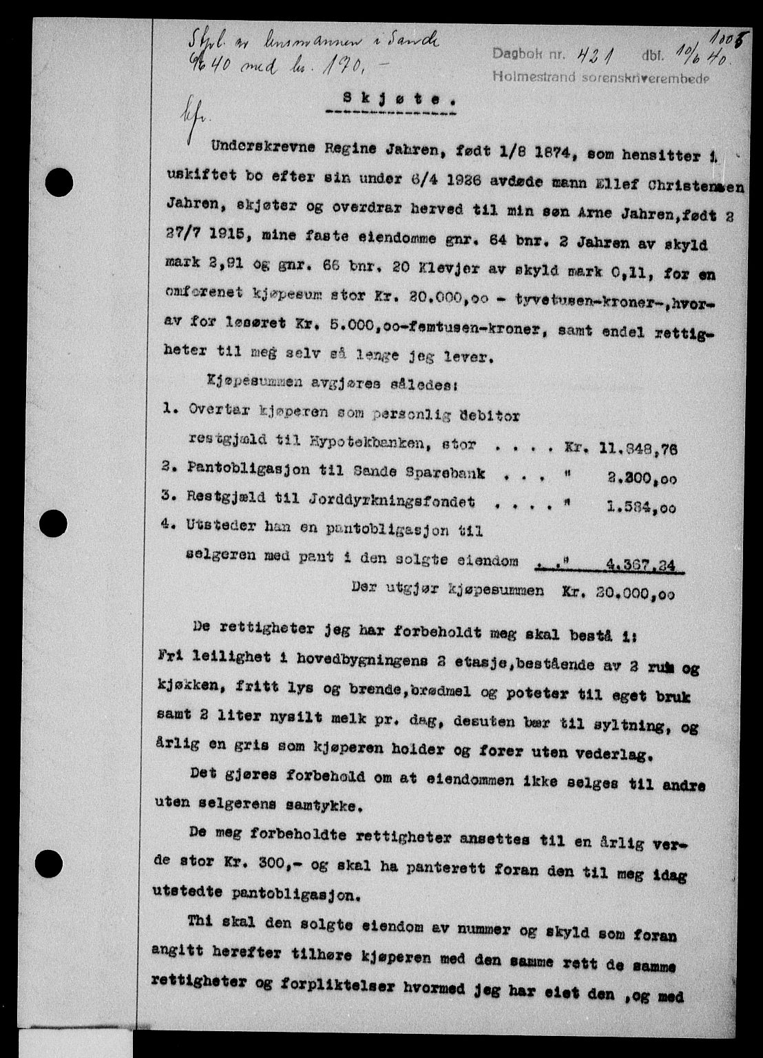 Holmestrand sorenskriveri, SAKO/A-67/G/Ga/Gaa/L0051: Pantebok nr. A-51, 1939-1940, Dagboknr: 421/1940