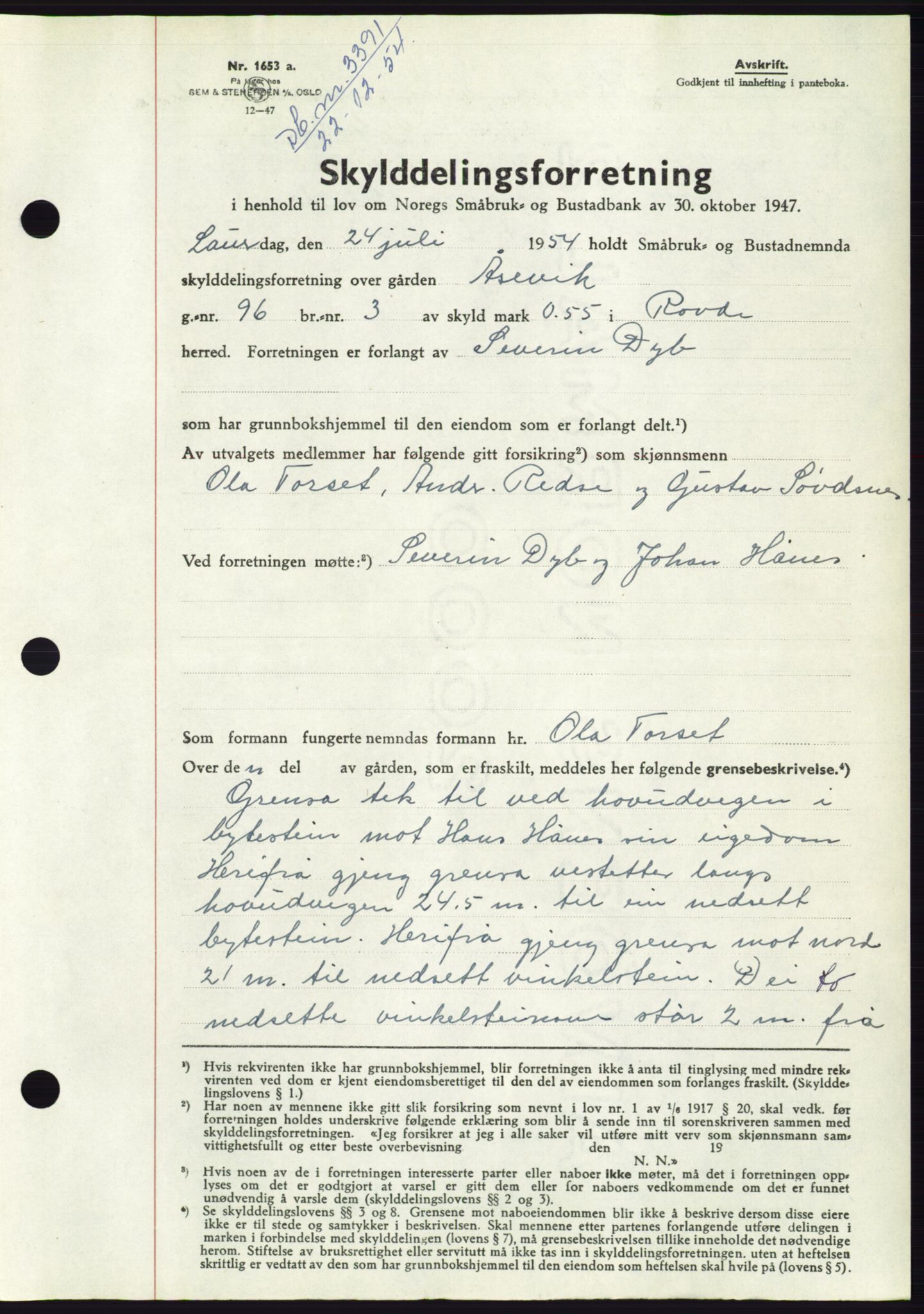 Søre Sunnmøre sorenskriveri, AV/SAT-A-4122/1/2/2C/L0099: Pantebok nr. 25A, 1954-1954, Dagboknr: 3391/1954