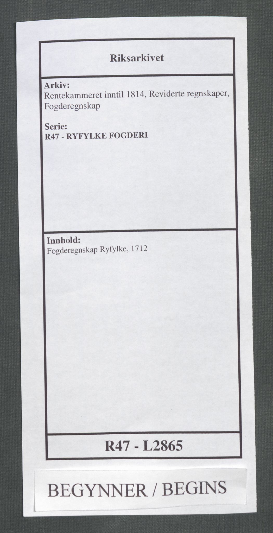 Rentekammeret inntil 1814, Reviderte regnskaper, Fogderegnskap, AV/RA-EA-4092/R47/L2865: Fogderegnskap Ryfylke, 1712, s. 1