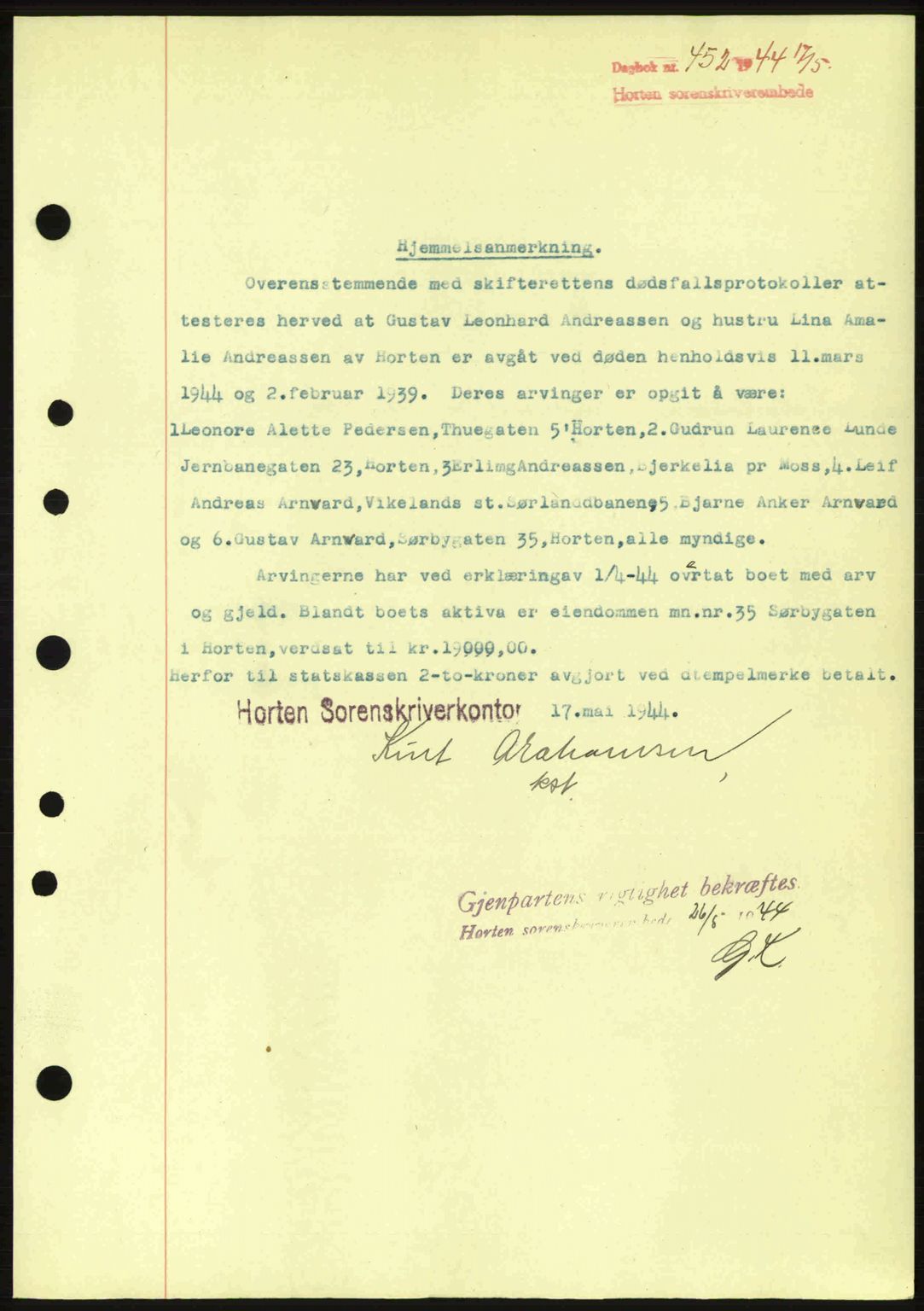 Horten sorenskriveri, SAKO/A-133/G/Ga/Gaa/L0006: Pantebok nr. A-6, 1943-1945, Dagboknr: 452/1944