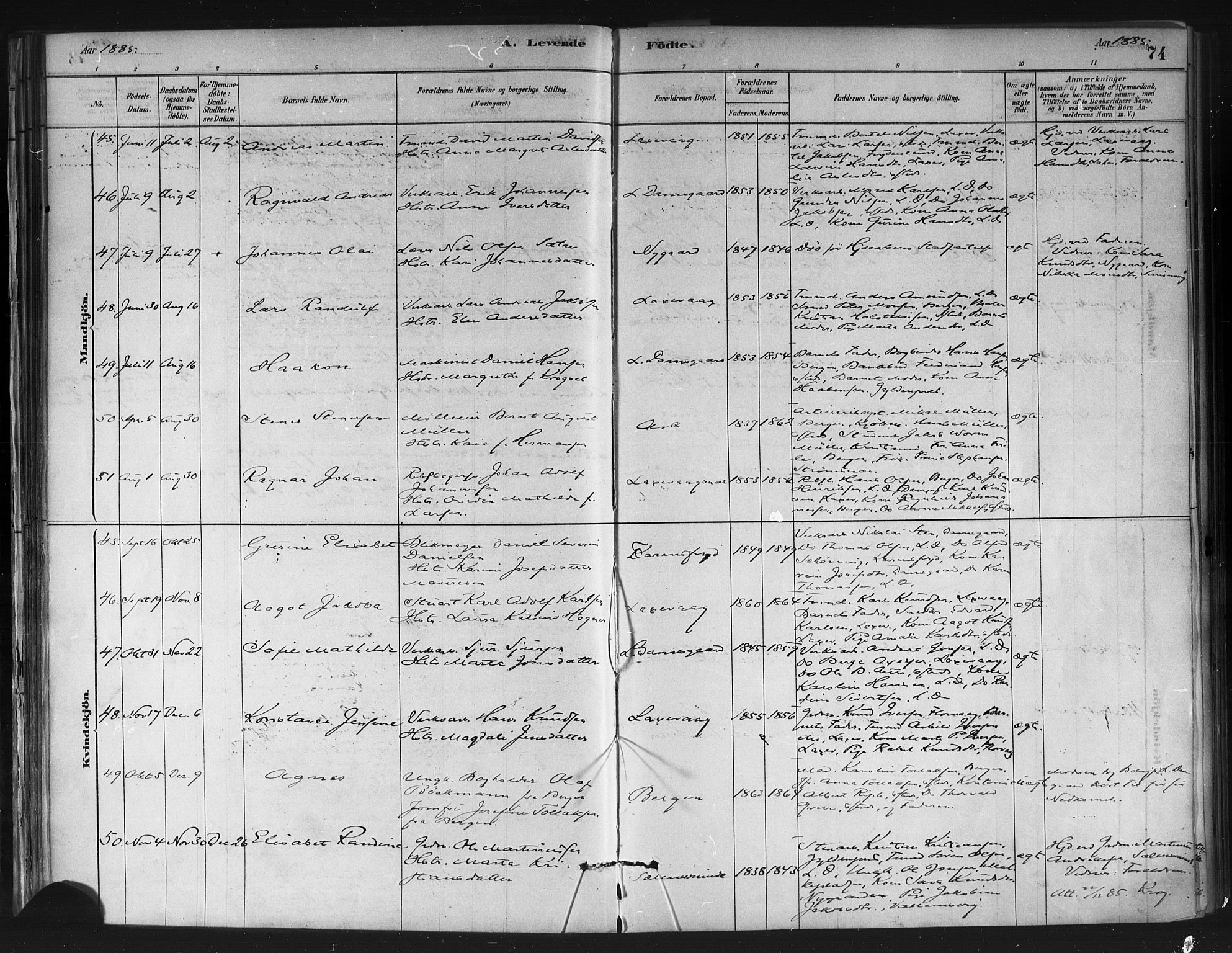 Askøy Sokneprestembete, AV/SAB-A-74101/H/Ha/Haa/Haae/L0002: Ministerialbok nr. E 2, 1878-1891, s. 74