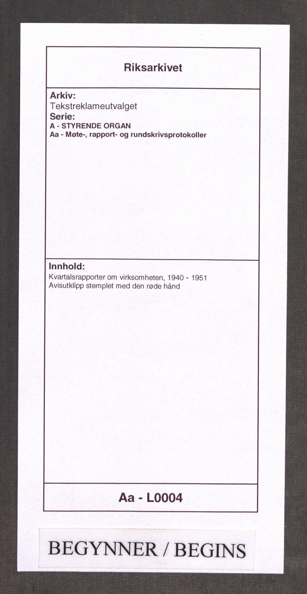 Tekstreklameutvalget, AV/RA-PA-0854/A/Aa/L0004: Kvartalsrapporter om virksomheten, 1940-1951