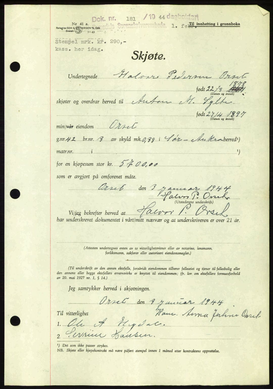 Romsdal sorenskriveri, AV/SAT-A-4149/1/2/2C: Pantebok nr. A15, 1943-1944, Dagboknr: 181/1944