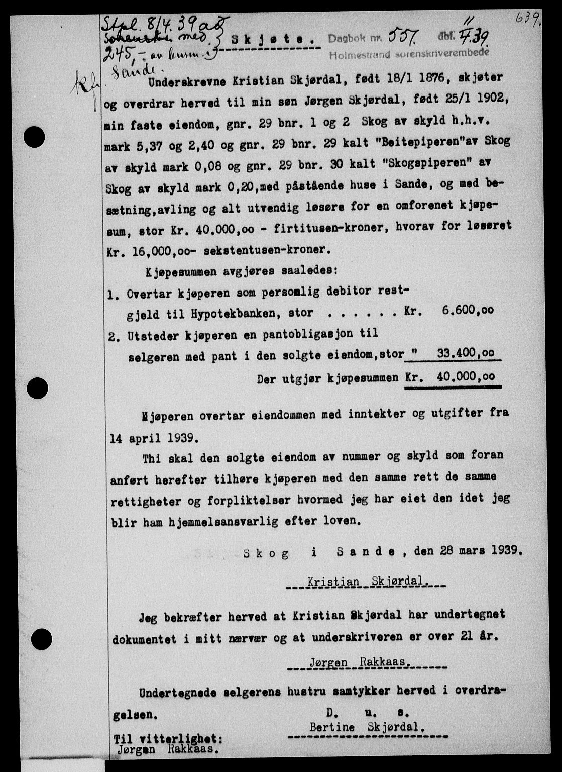 Holmestrand sorenskriveri, SAKO/A-67/G/Ga/Gaa/L0050: Pantebok nr. A-50, 1938-1939, Dagboknr: 551/1939