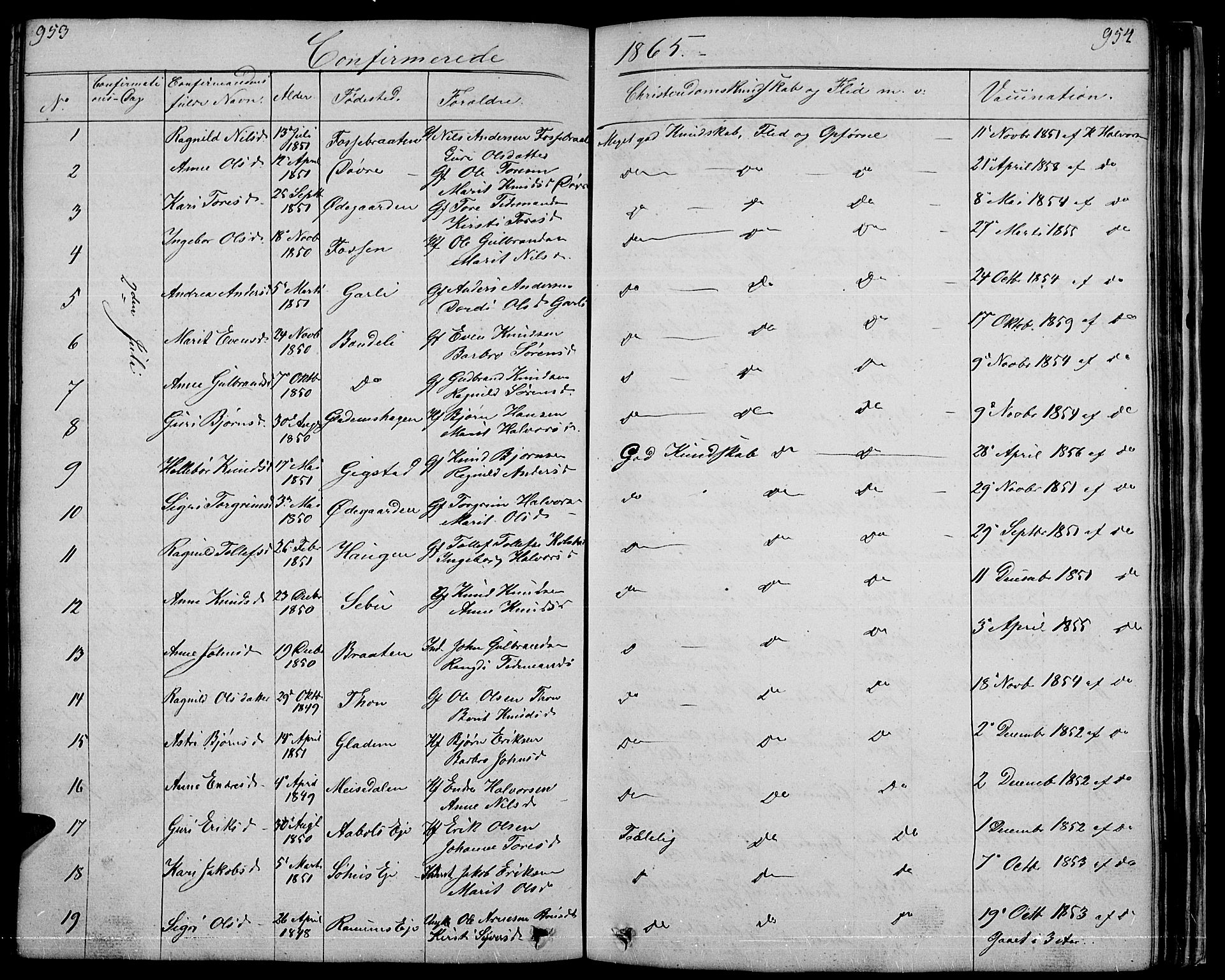 Nord-Aurdal prestekontor, SAH/PREST-132/H/Ha/Hab/L0001: Klokkerbok nr. 1, 1834-1887, s. 953-954