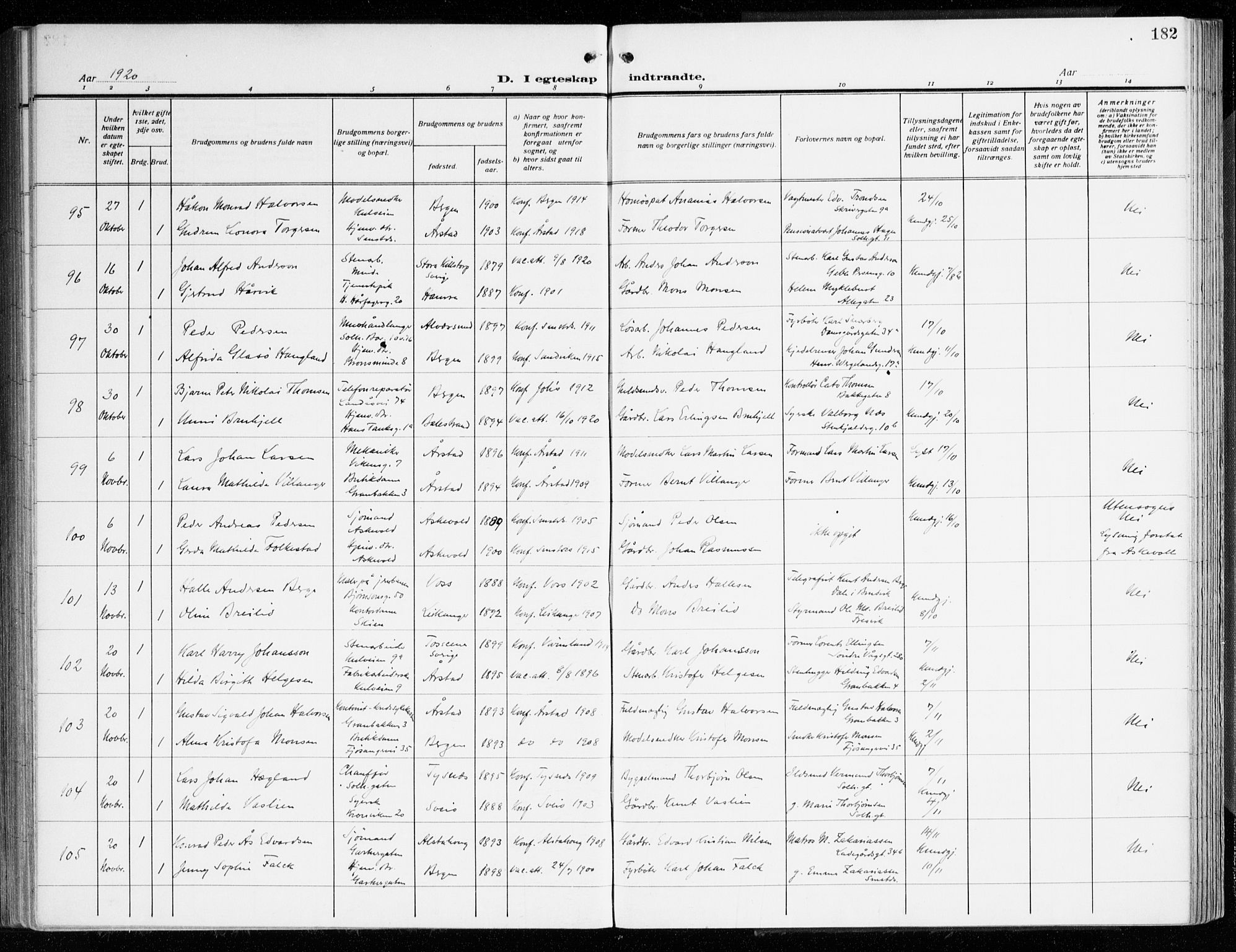 Årstad Sokneprestembete, AV/SAB-A-79301/H/Haa/L0004: Ministerialbok nr. A 4, 1919-1928, s. 182