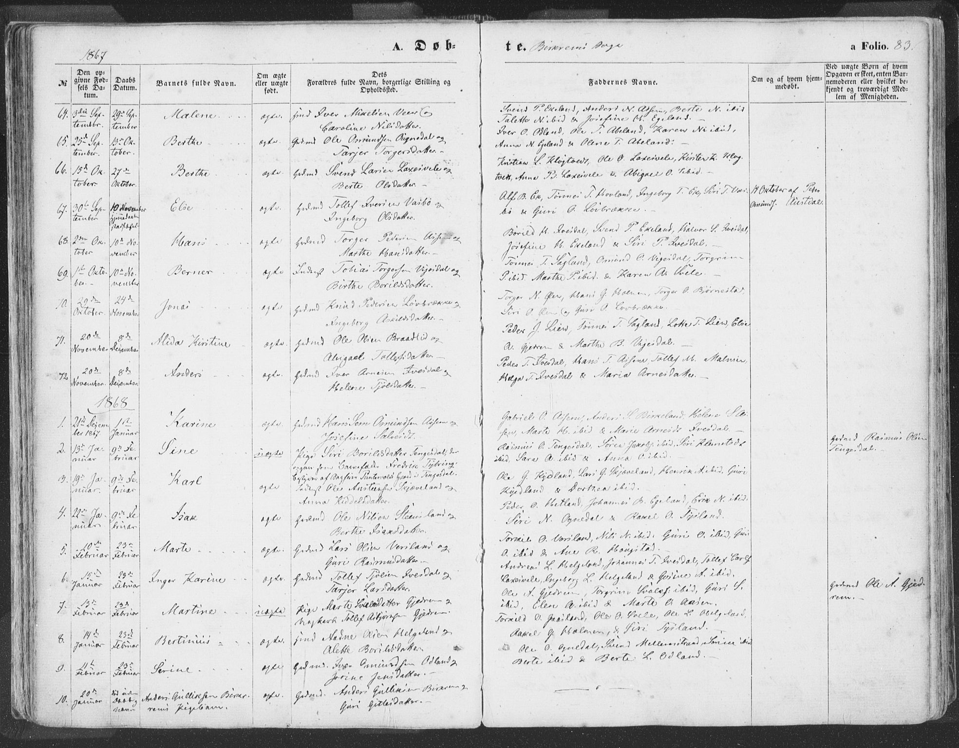 Helleland sokneprestkontor, SAST/A-101810: Ministerialbok nr. A 7.1, 1863-1886, s. 83