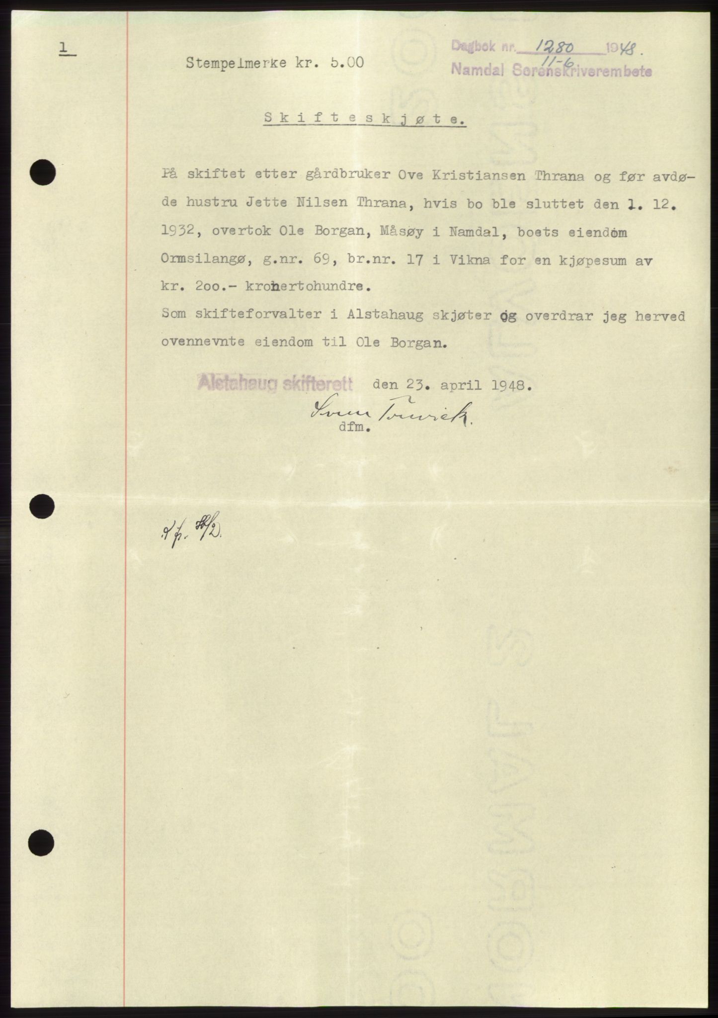 Namdal sorenskriveri, SAT/A-4133/1/2/2C: Pantebok nr. -, 1948-1948, Dagboknr: 1280/1948