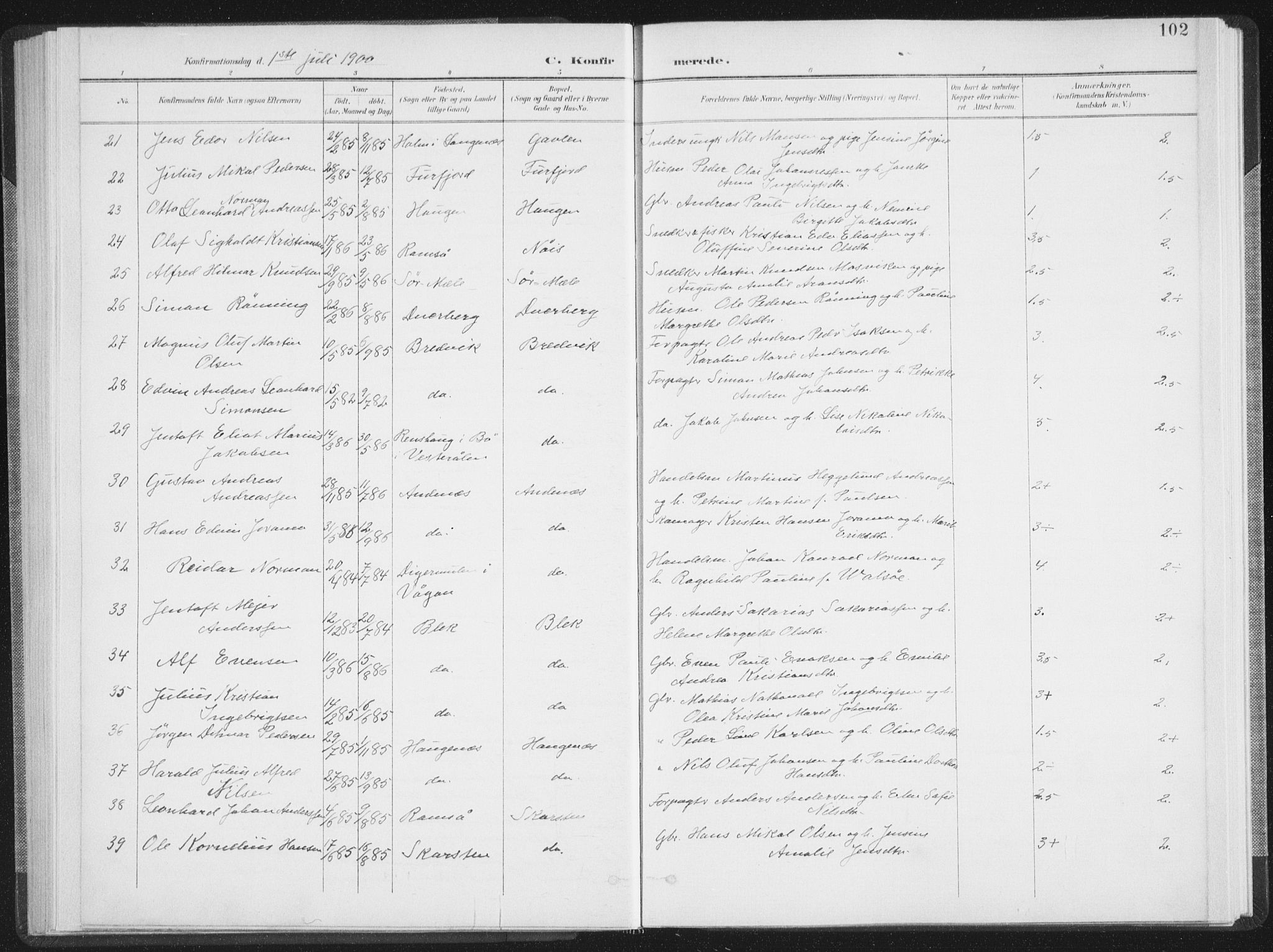 Ministerialprotokoller, klokkerbøker og fødselsregistre - Nordland, AV/SAT-A-1459/897/L1400: Ministerialbok nr. 897A07, 1897-1908, s. 102