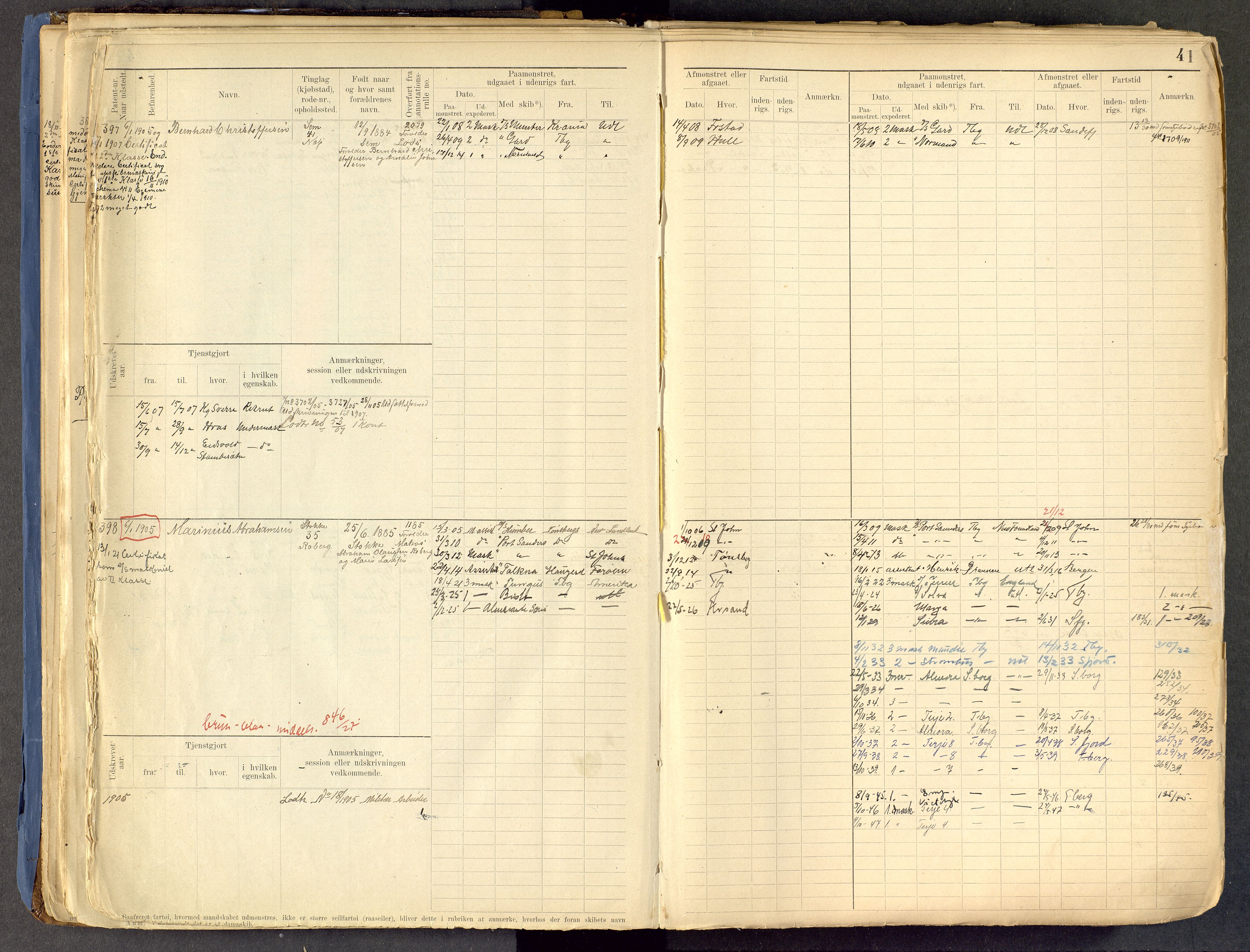 Tønsberg innrulleringskontor, AV/SAKO-A-786/F/Fe/L0002: Maskinist- og fyrbøterrulle Patent nr. 315-1110, 1902-1924, s. 41