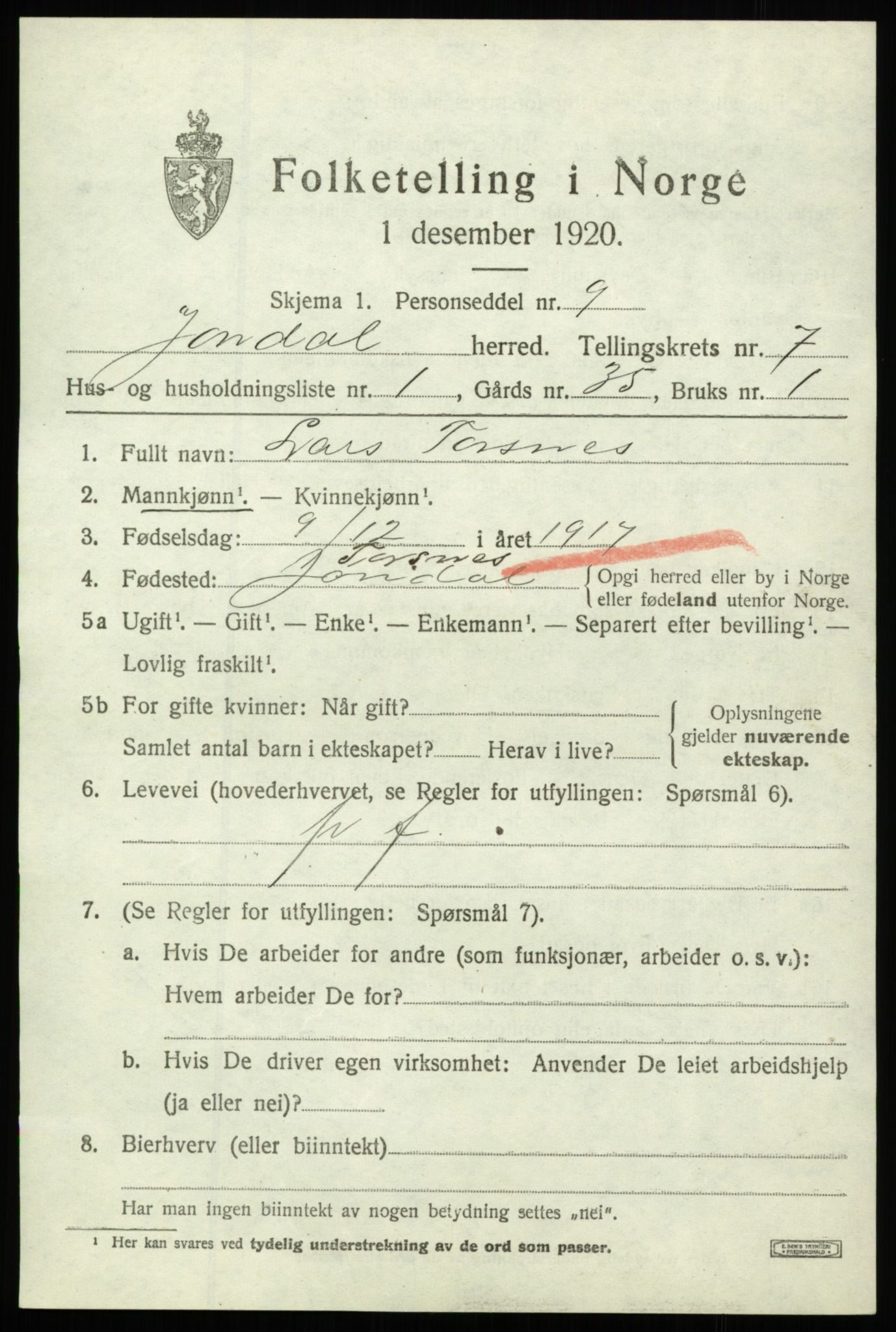 SAB, Folketelling 1920 for 1227 Jondal herred, 1920, s. 3772