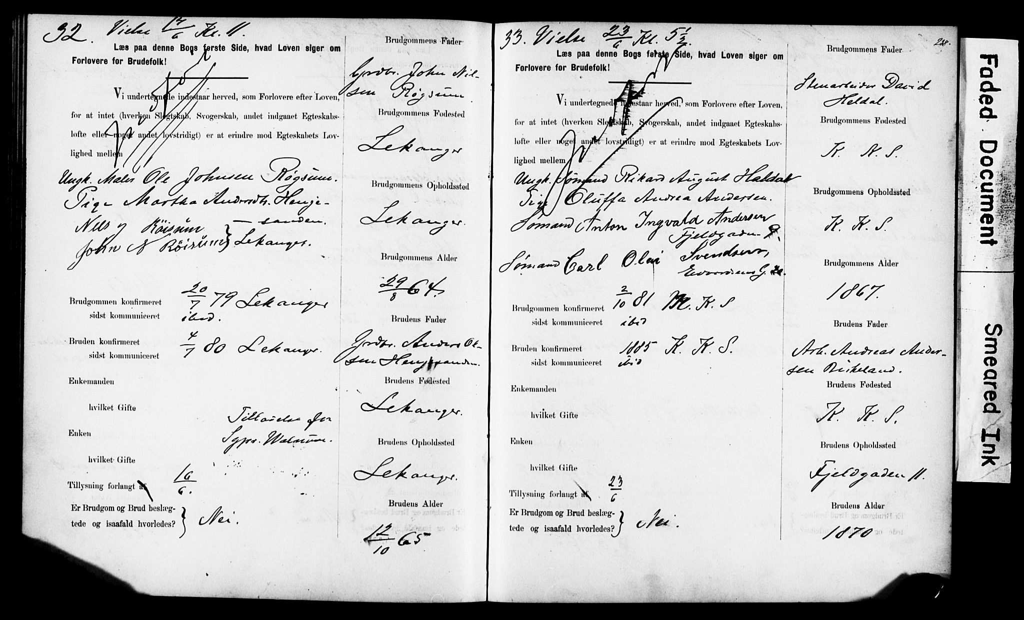 Korskirken sokneprestembete, AV/SAB-A-76101: Forlovererklæringer nr. II.5.6, 1889-1898, s. 238