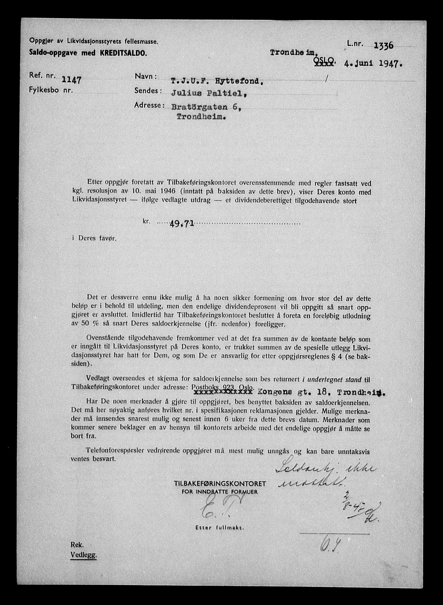 Justisdepartementet, Tilbakeføringskontoret for inndratte formuer, AV/RA-S-1564/H/Hc/Hca/L0899: --, 1945-1947, s. 260