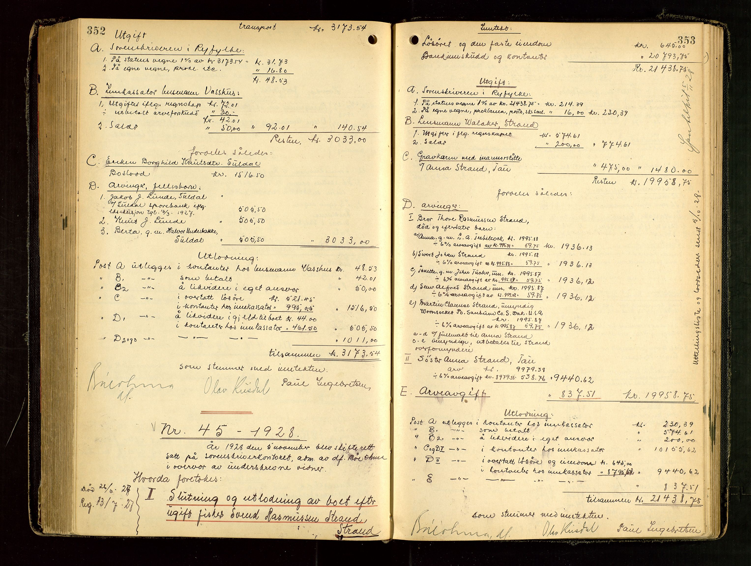 Ryfylke tingrett, AV/SAST-A-100055/001/IV/IVG/L0006: Skifteutlodningsprotokoll Med register, 1924-1929, s. 352-353