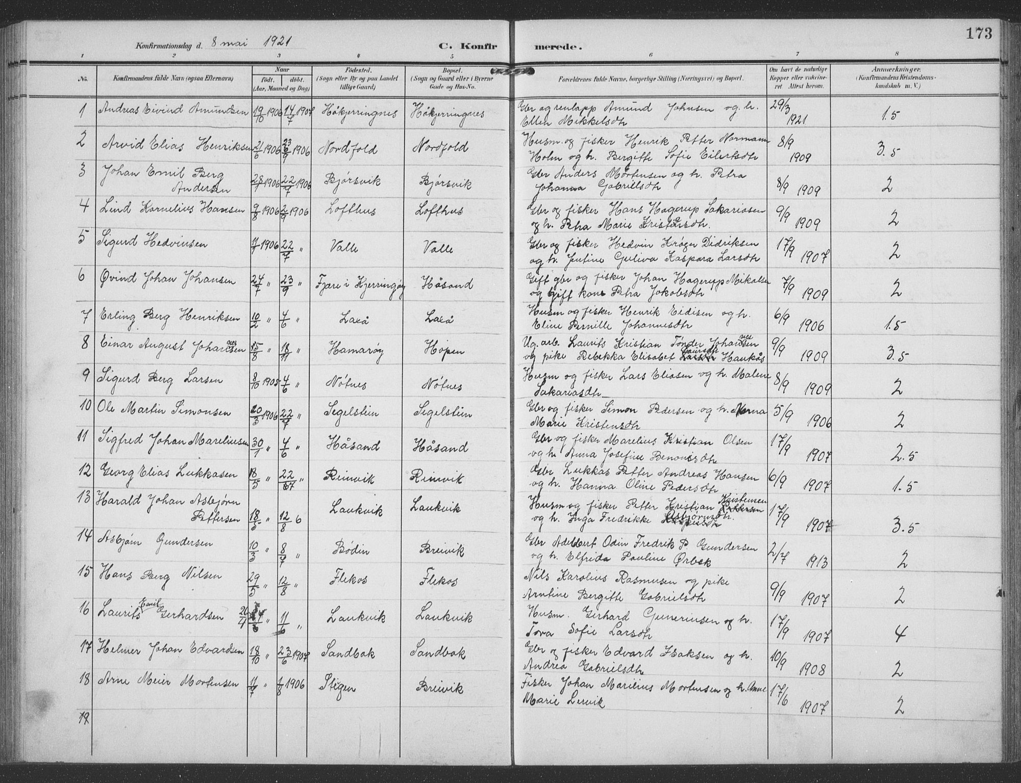 Ministerialprotokoller, klokkerbøker og fødselsregistre - Nordland, AV/SAT-A-1459/858/L0835: Klokkerbok nr. 858C02, 1904-1940, s. 173