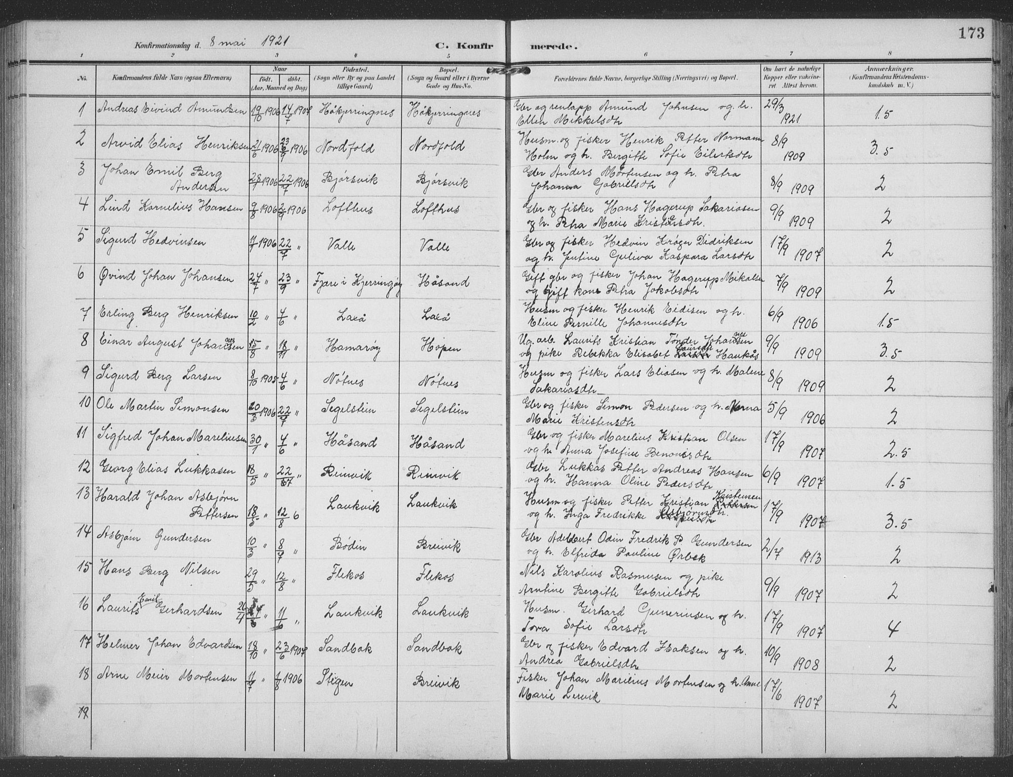 Ministerialprotokoller, klokkerbøker og fødselsregistre - Nordland, SAT/A-1459/858/L0835: Klokkerbok nr. 858C02, 1904-1940, s. 173