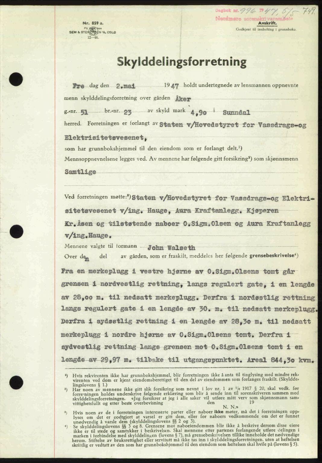 Nordmøre sorenskriveri, SAT/A-4132/1/2/2Ca: Pantebok nr. A104, 1947-1947, Dagboknr: 996/1947