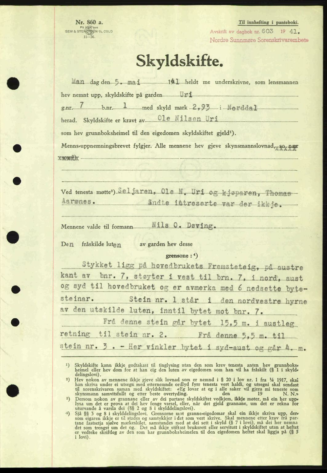 Nordre Sunnmøre sorenskriveri, AV/SAT-A-0006/1/2/2C/2Ca: Pantebok nr. A10, 1940-1941, Dagboknr: 603/1941