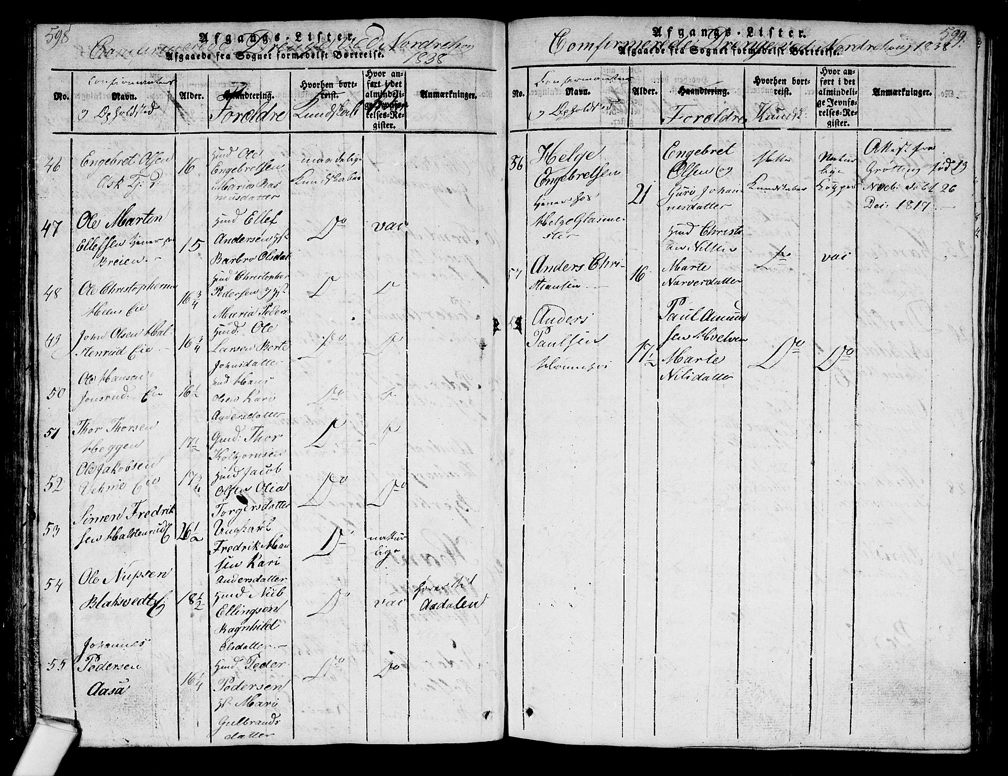 Norderhov kirkebøker, AV/SAKO-A-237/G/Ga/L0003: Klokkerbok nr. I 3 /1, 1814-1876, s. 598-599