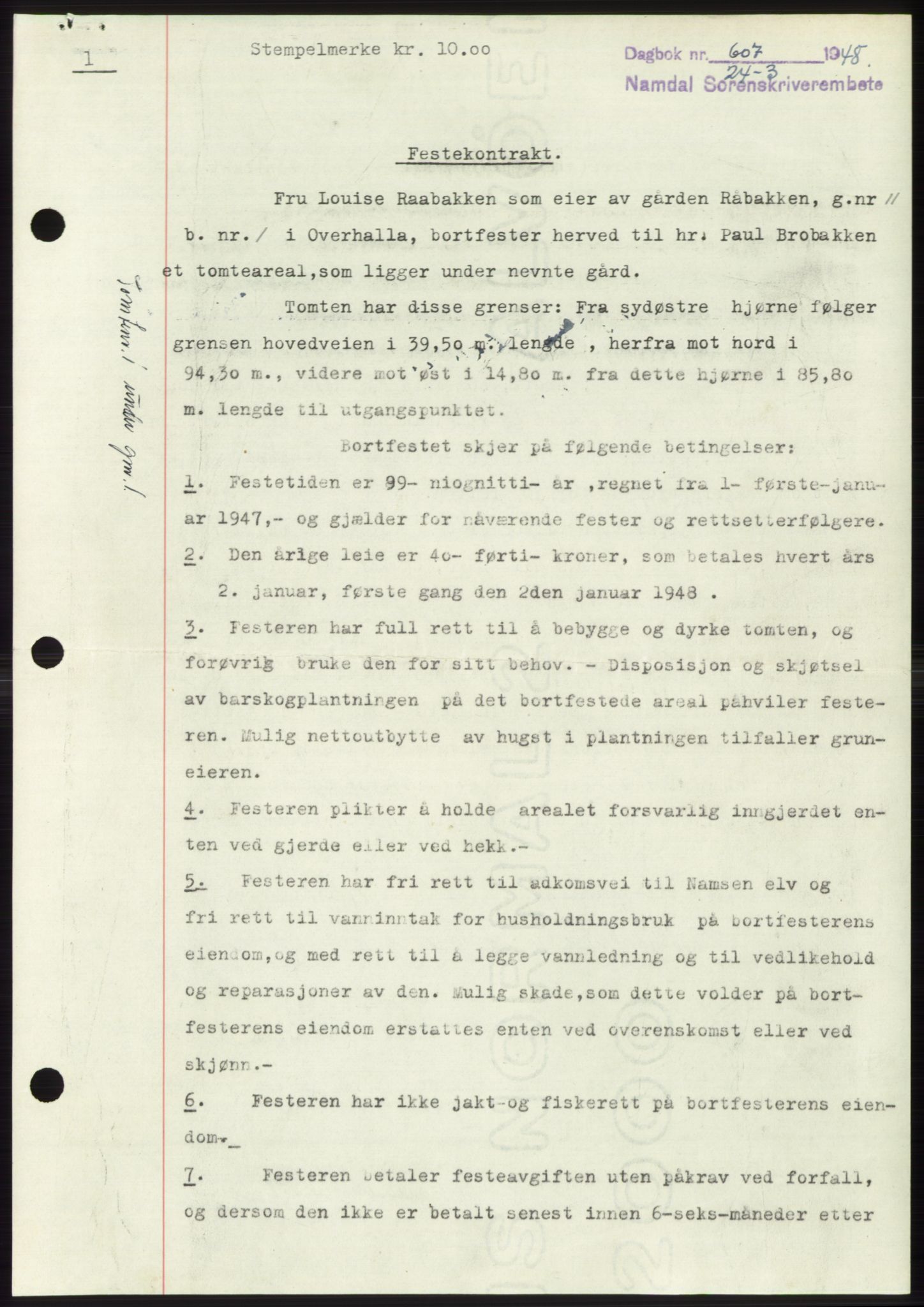 Namdal sorenskriveri, SAT/A-4133/1/2/2C: Pantebok nr. -, 1947-1948, Dagboknr: 607/1948