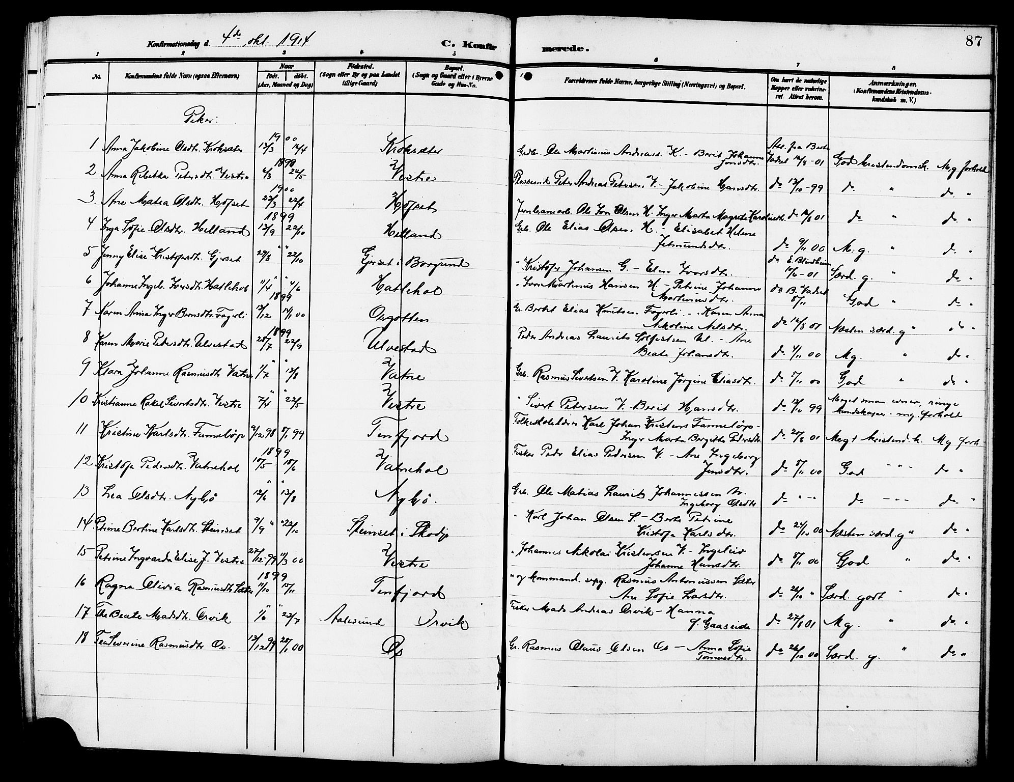 Ministerialprotokoller, klokkerbøker og fødselsregistre - Møre og Romsdal, AV/SAT-A-1454/525/L0377: Klokkerbok nr. 525C03, 1903-1917, s. 87