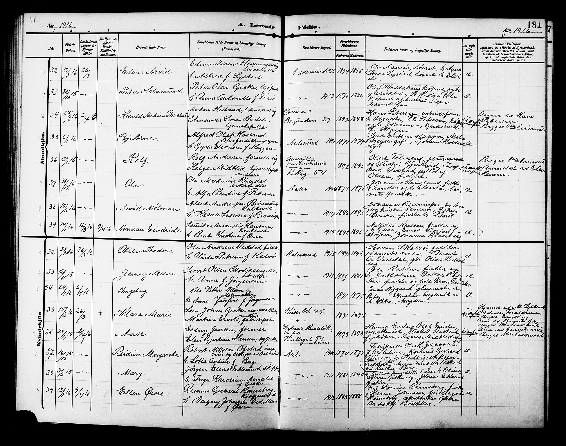 Ministerialprotokoller, klokkerbøker og fødselsregistre - Møre og Romsdal, AV/SAT-A-1454/529/L0471: Klokkerbok nr. 529C08, 1909-1921, s. 181