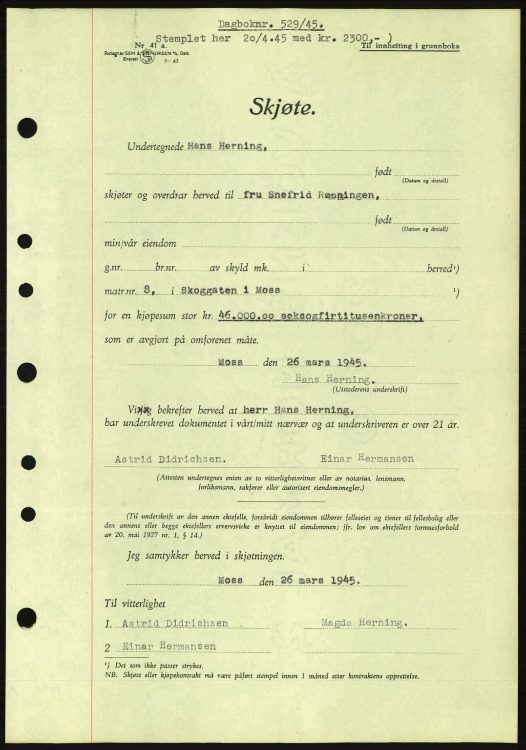 Moss sorenskriveri, SAO/A-10168: Pantebok nr. A13, 1944-1945, Dagboknr: 529/1945