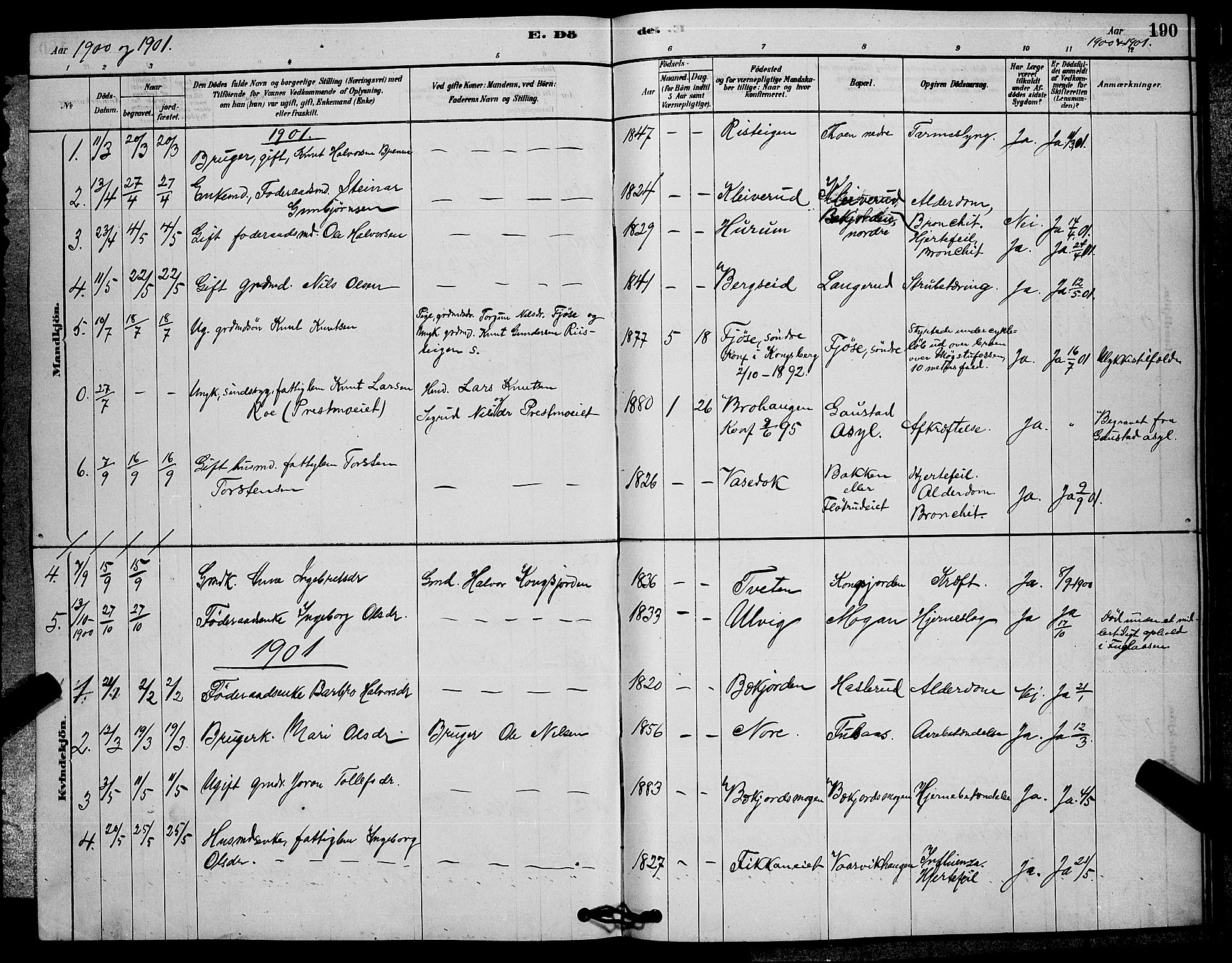 Rollag kirkebøker, AV/SAKO-A-240/G/Ga/L0004: Klokkerbok nr. I 4, 1878-1903, s. 190