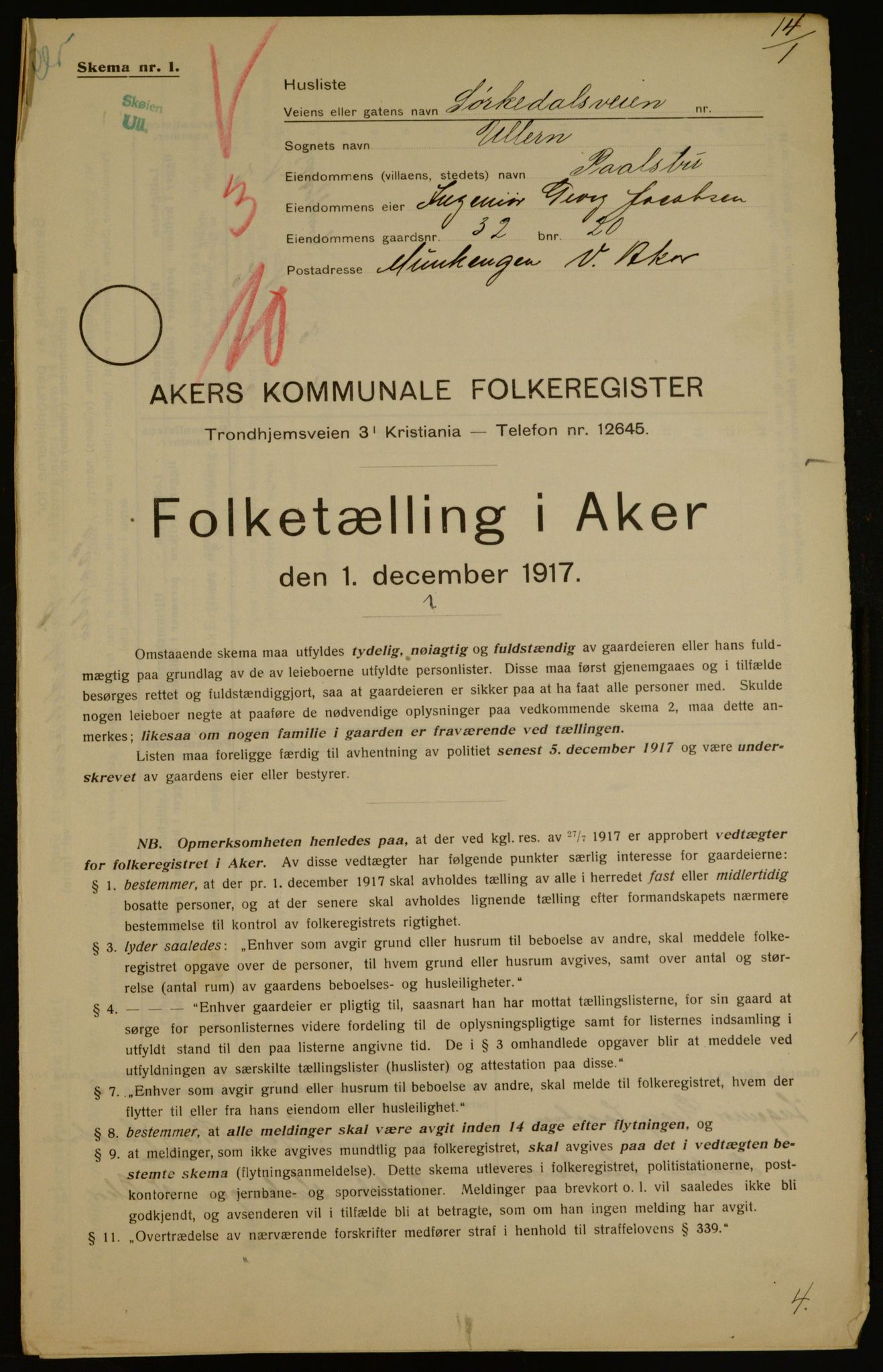 OBA, Kommunal folketelling 1.12.1917 for Aker, 1917, s. 68