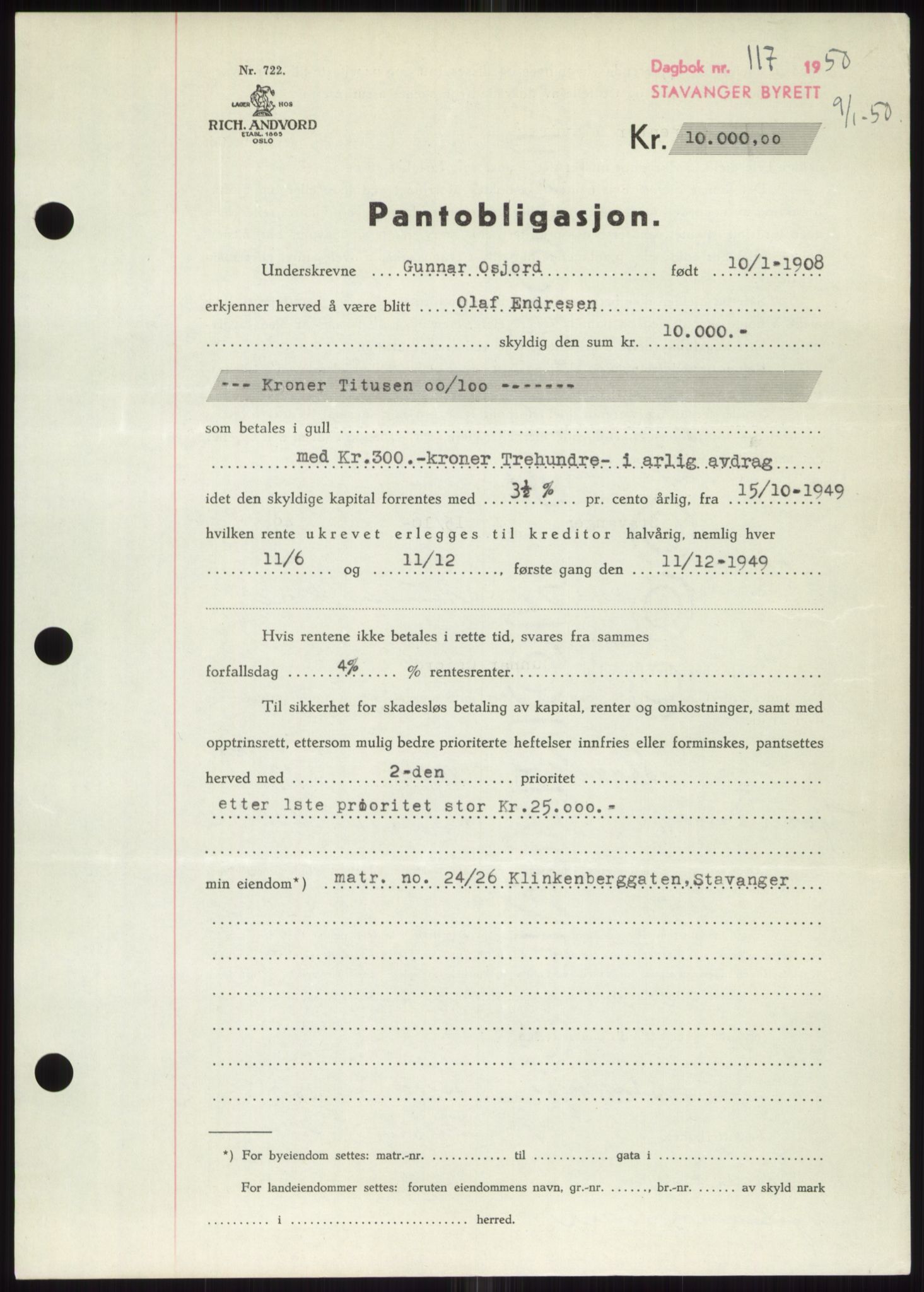 Stavanger byrett, SAST/A-100455/002/G/Gb/L0032: Pantebok, 1947-1950, Dagboknr: 117/1950