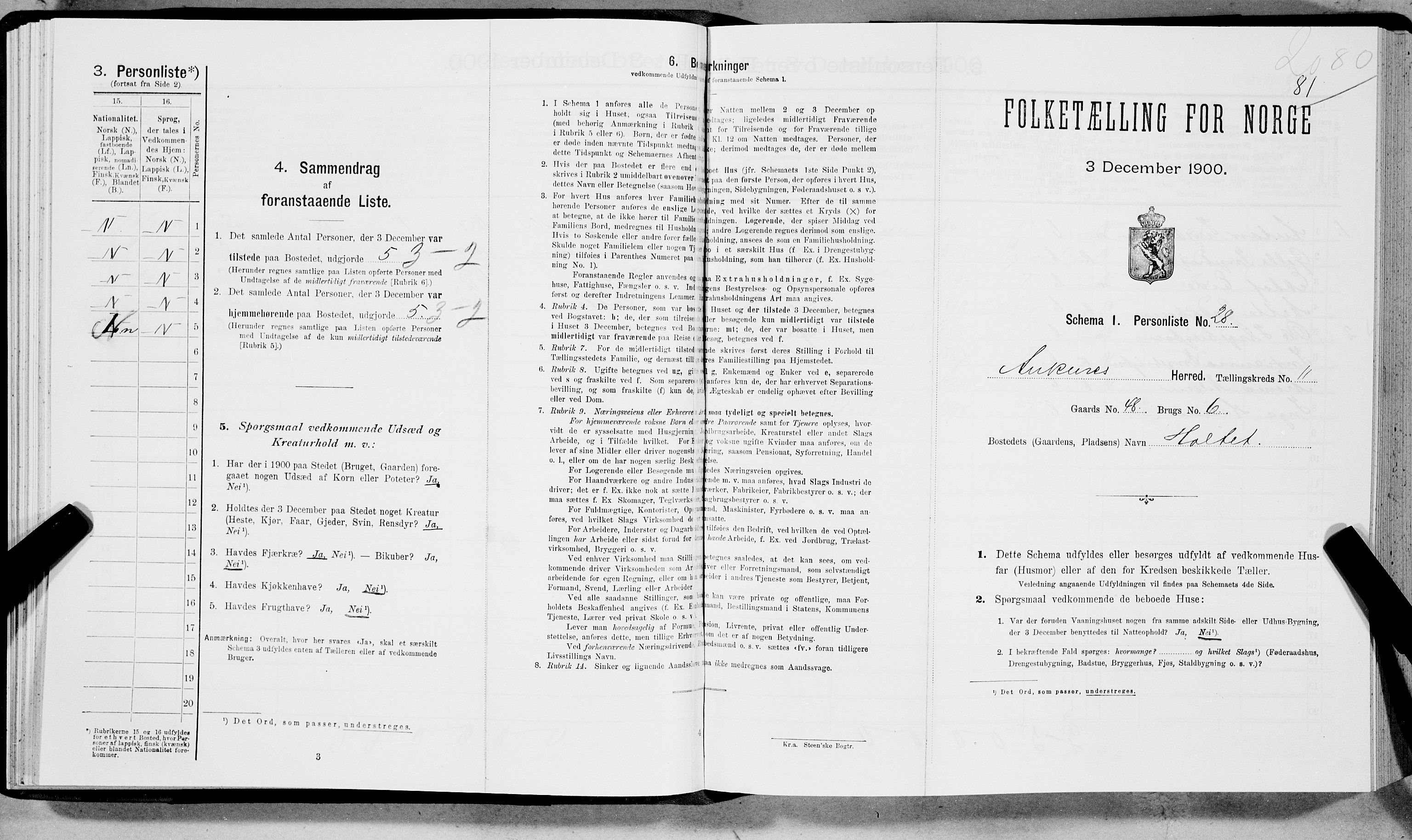 SAT, Folketelling 1900 for 1855 Ankenes herred, 1900, s. 1250