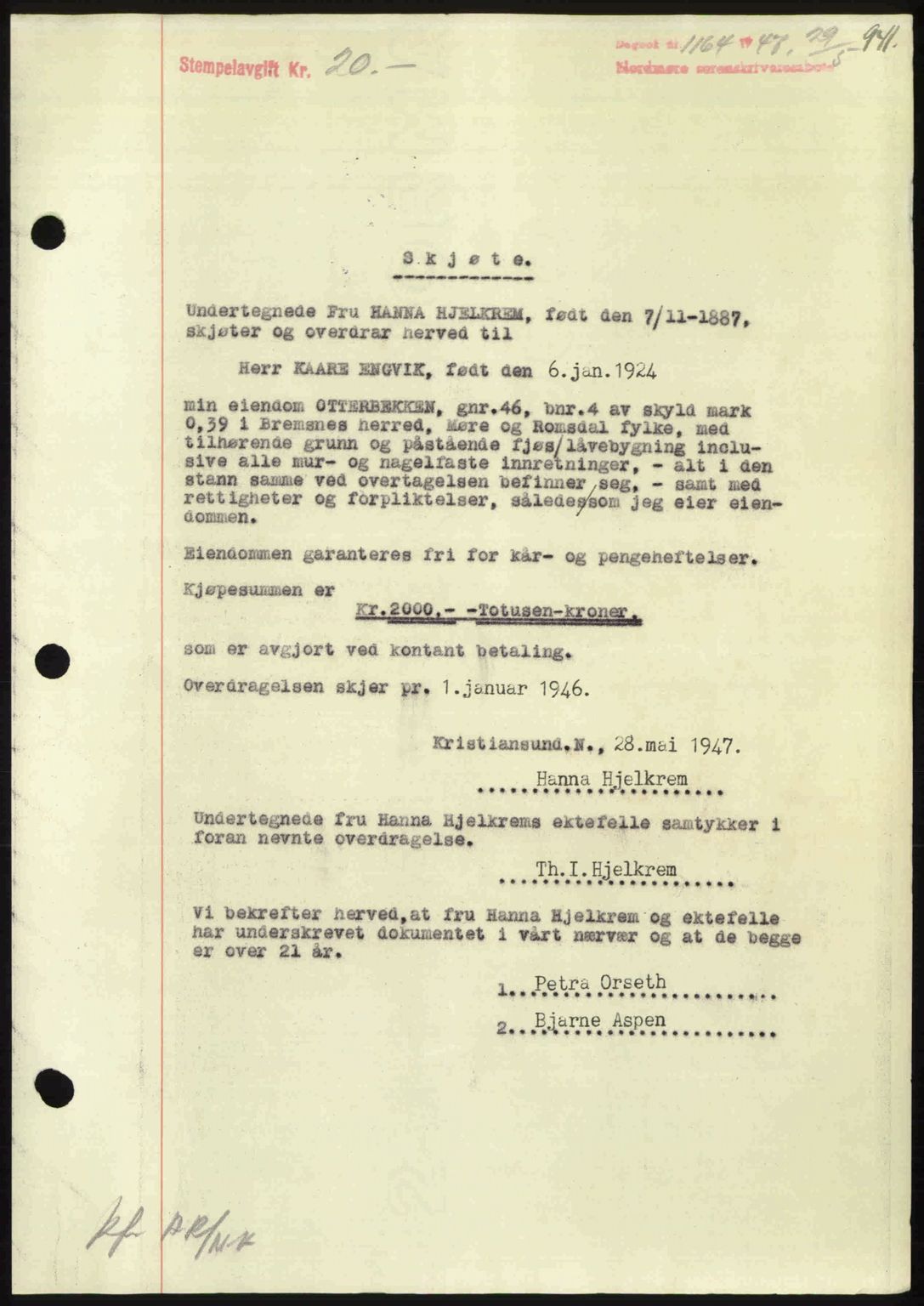 Nordmøre sorenskriveri, SAT/A-4132/1/2/2Ca: Pantebok nr. A104, 1947-1947, Dagboknr: 1164/1947