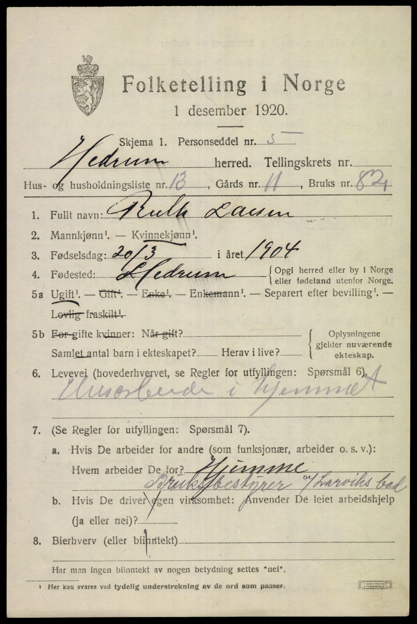 SAKO, Folketelling 1920 for 0727 Hedrum herred, 1920, s. 2561