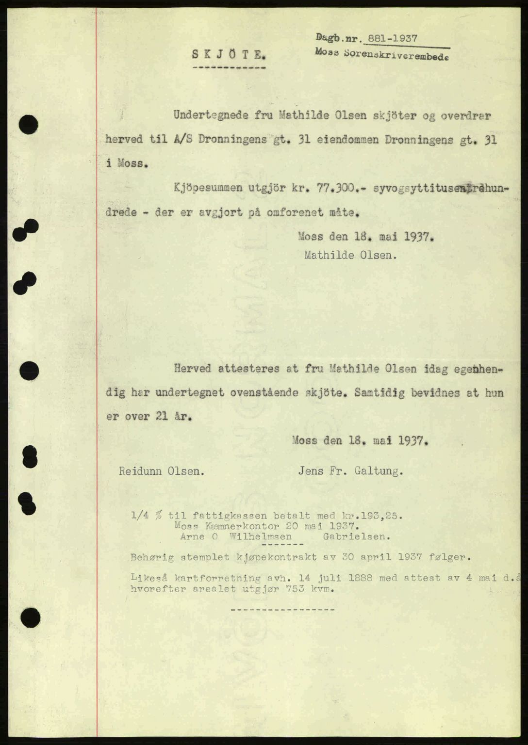 Moss sorenskriveri, SAO/A-10168: Pantebok nr. A2, 1936-1937, Dagboknr: 881/1937