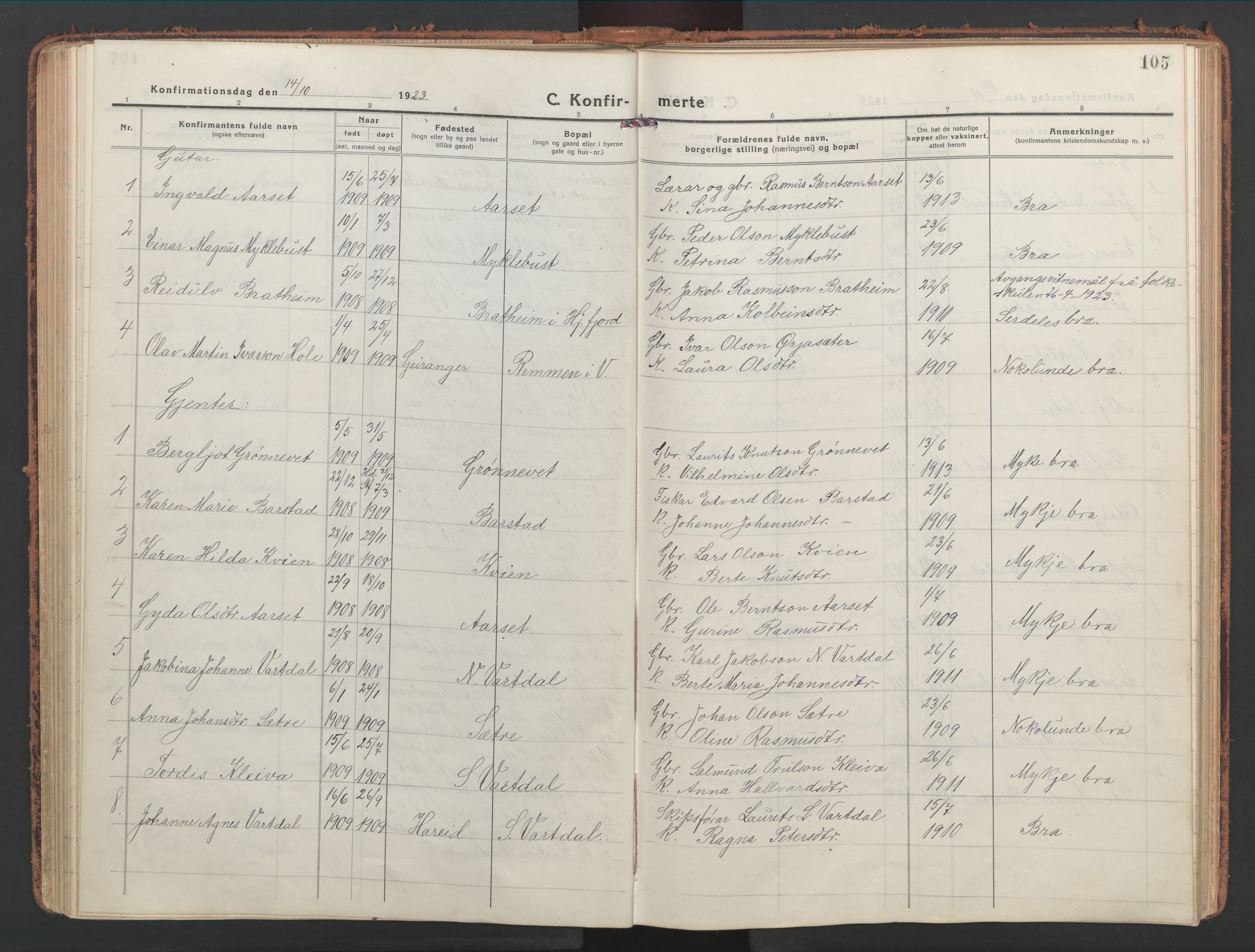 Ministerialprotokoller, klokkerbøker og fødselsregistre - Møre og Romsdal, AV/SAT-A-1454/514/L0202: Klokkerbok nr. 514C02, 1916-1944, s. 105