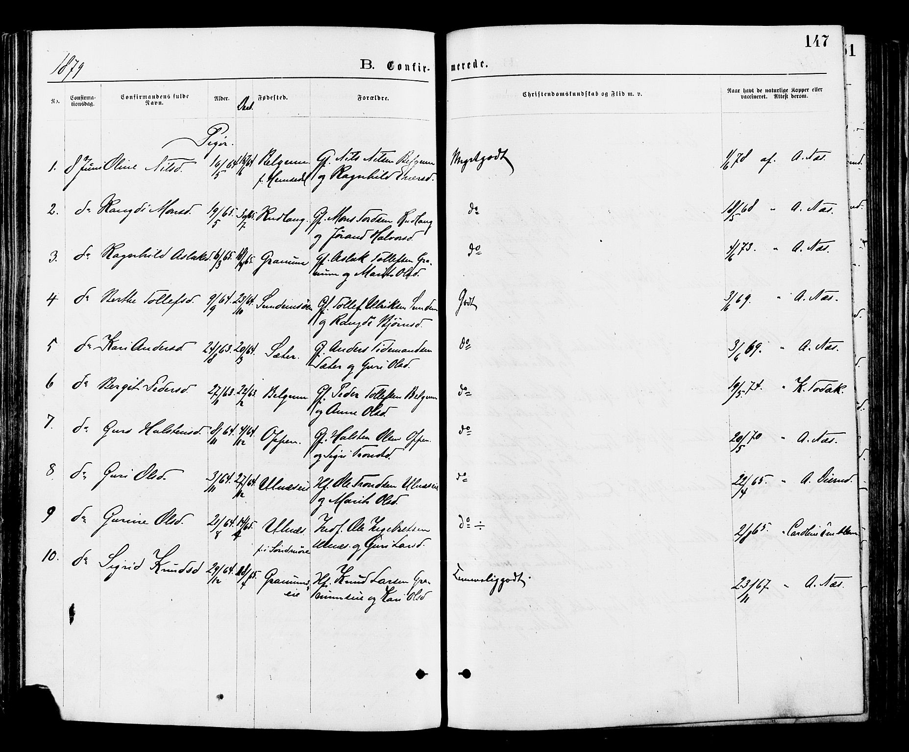 Nord-Aurdal prestekontor, AV/SAH-PREST-132/H/Ha/Haa/L0009: Ministerialbok nr. 9, 1876-1882, s. 147