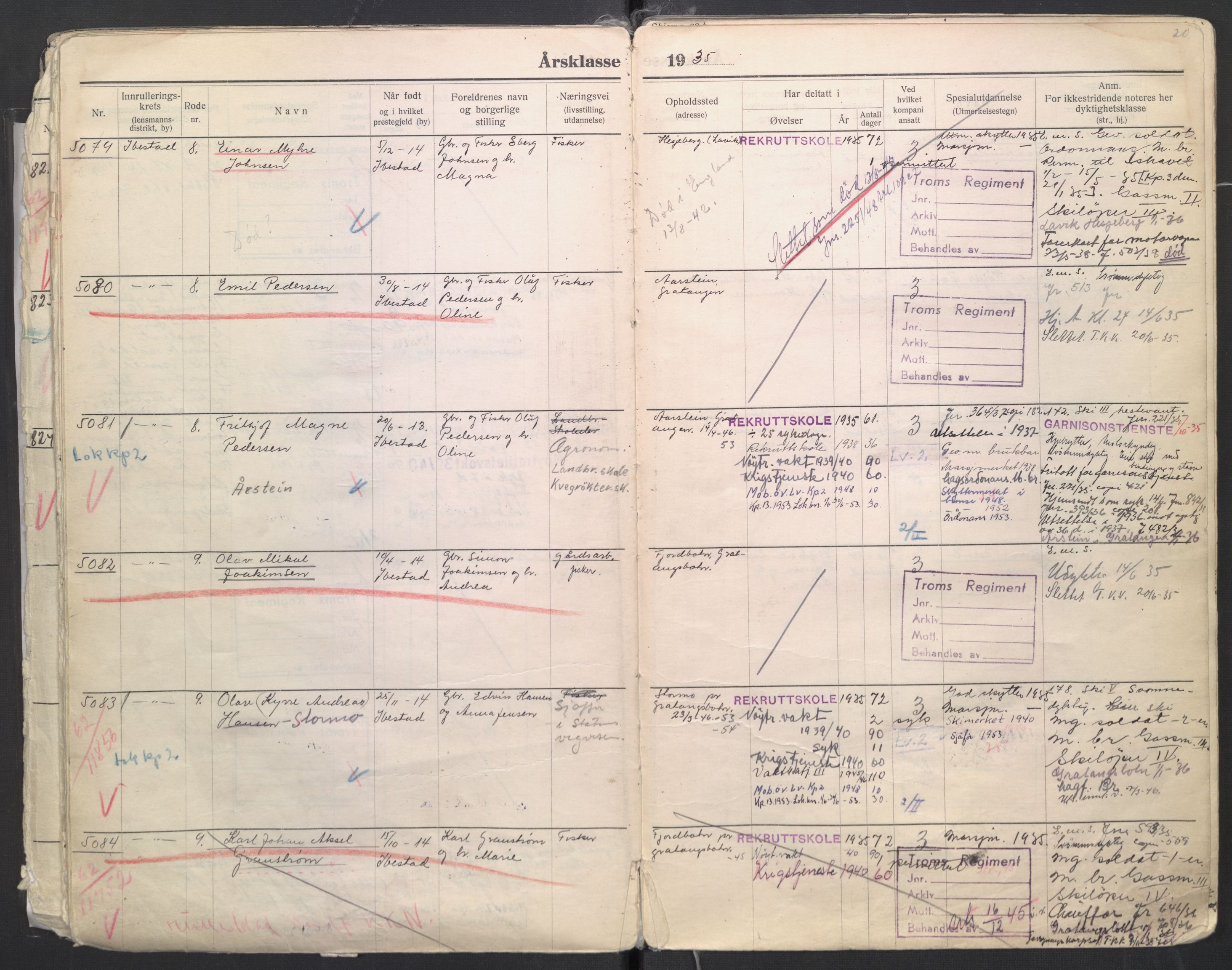 Forsvaret, Troms infanteriregiment nr. 16, AV/RA-RAFA-3146/P/Pa/L0006/0008: Ruller / Rulle for regimentets menige mannskaper, årsklasse 1935, 1935, s. 20