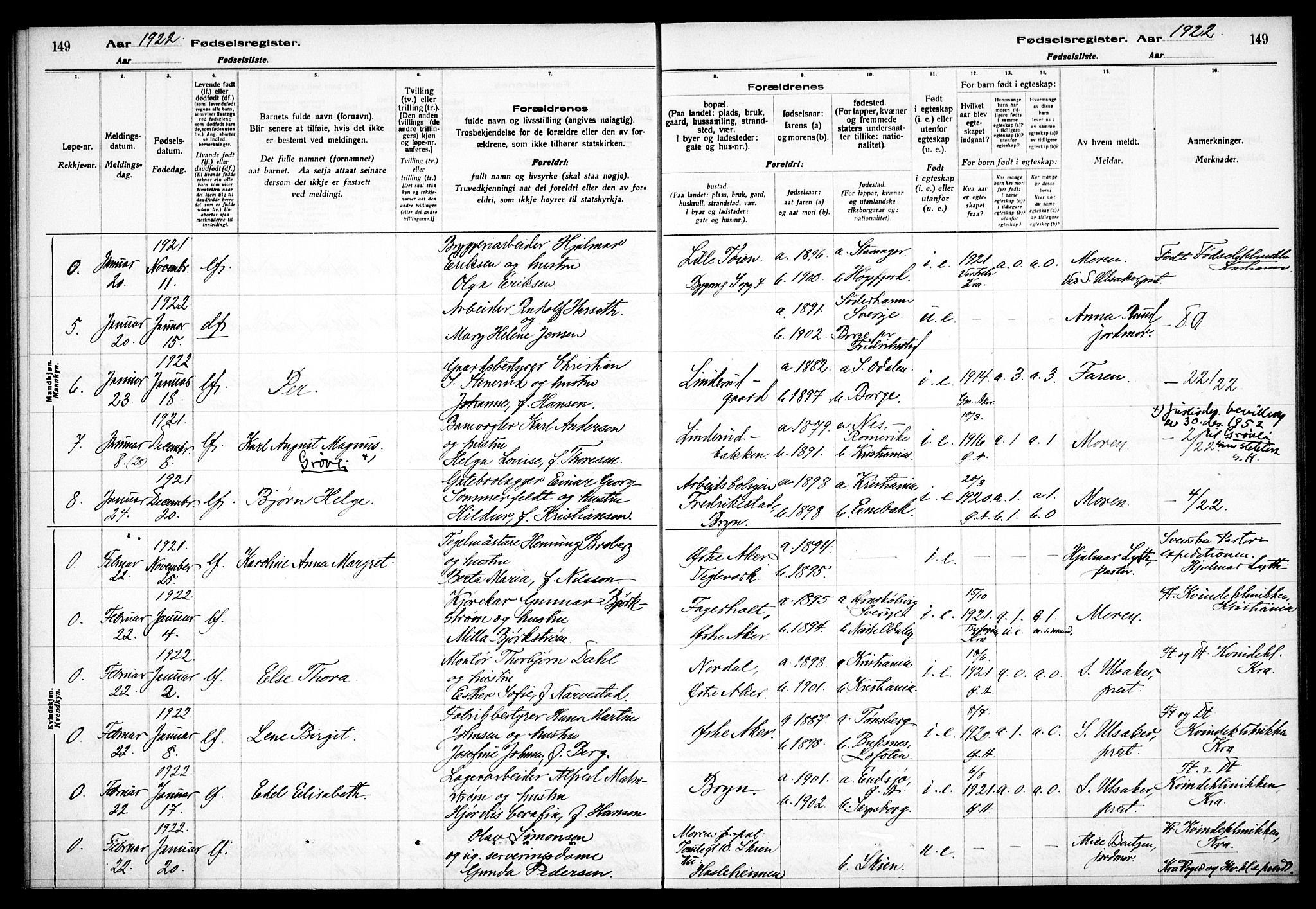 Østre Aker prestekontor Kirkebøker, AV/SAO-A-10840/J/Ja/L0001: Fødselsregister nr. I 1, 1916-1923, s. 149