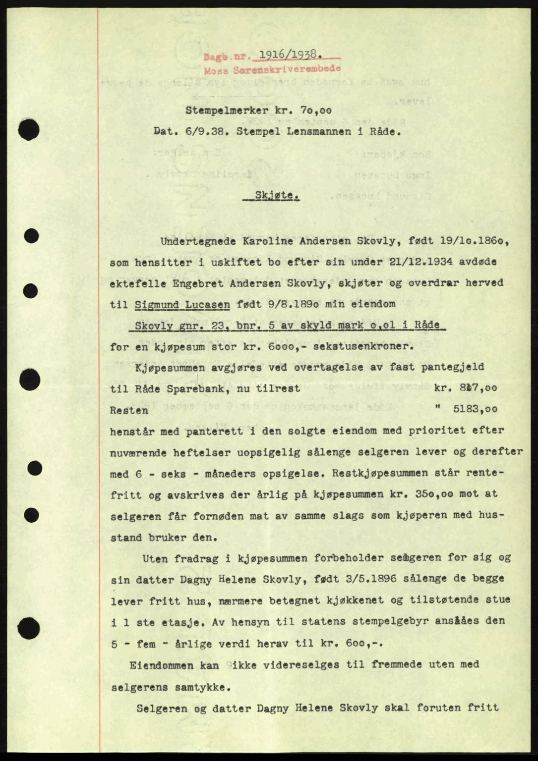 Moss sorenskriveri, SAO/A-10168: Pantebok nr. A4, 1938-1938, Dagboknr: 1916/1938