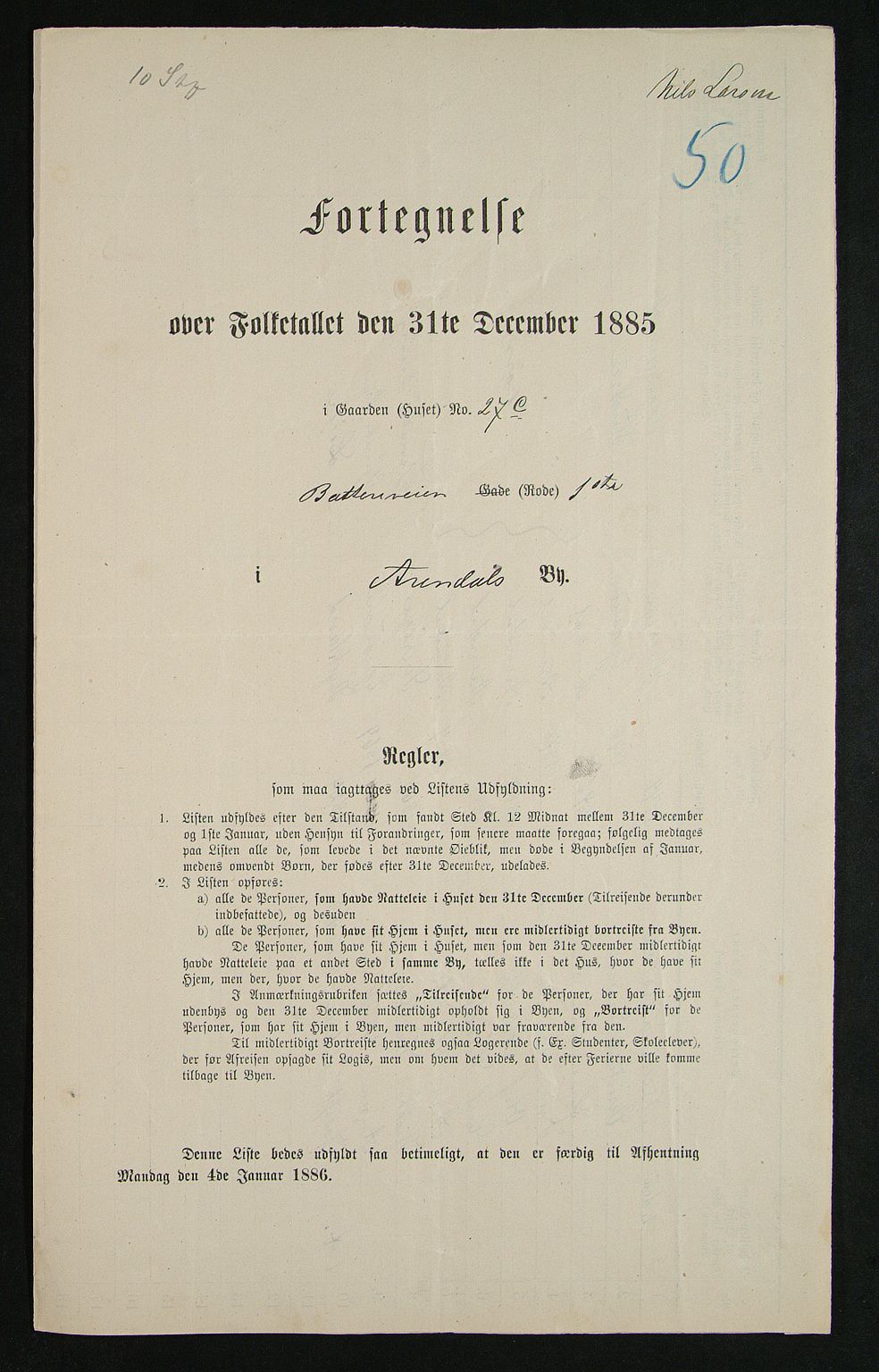 SAK, Folketelling 1885 for 0903 Arendal kjøpstad, 1885, s. 50