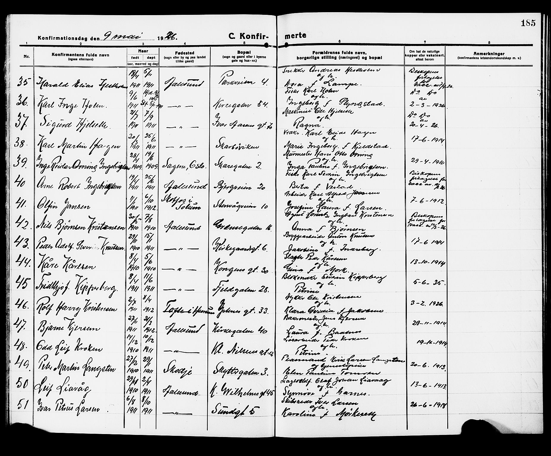 Ministerialprotokoller, klokkerbøker og fødselsregistre - Møre og Romsdal, AV/SAT-A-1454/529/L0472: Klokkerbok nr. 529C09, 1917-1929, s. 185