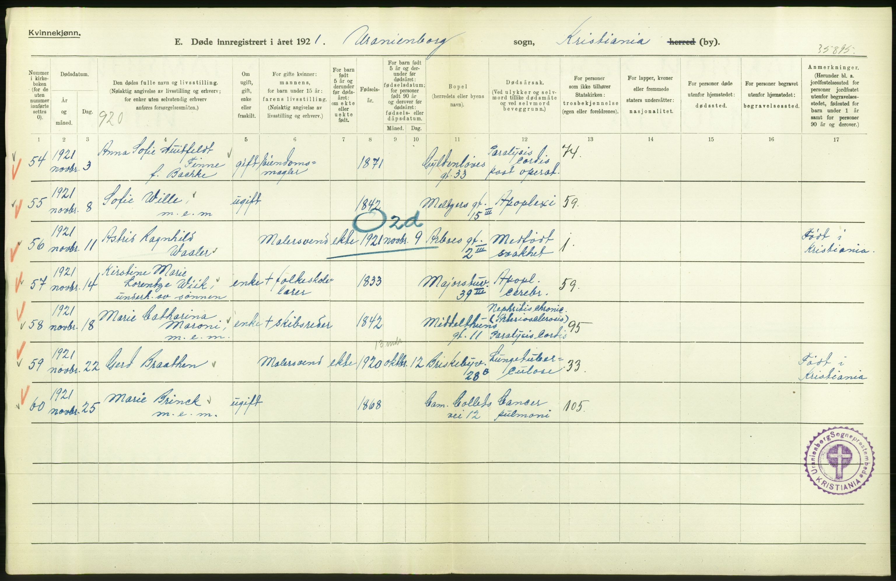 Statistisk sentralbyrå, Sosiodemografiske emner, Befolkning, AV/RA-S-2228/D/Df/Dfc/Dfca/L0012: Kristiania: Døde, 1921, s. 390