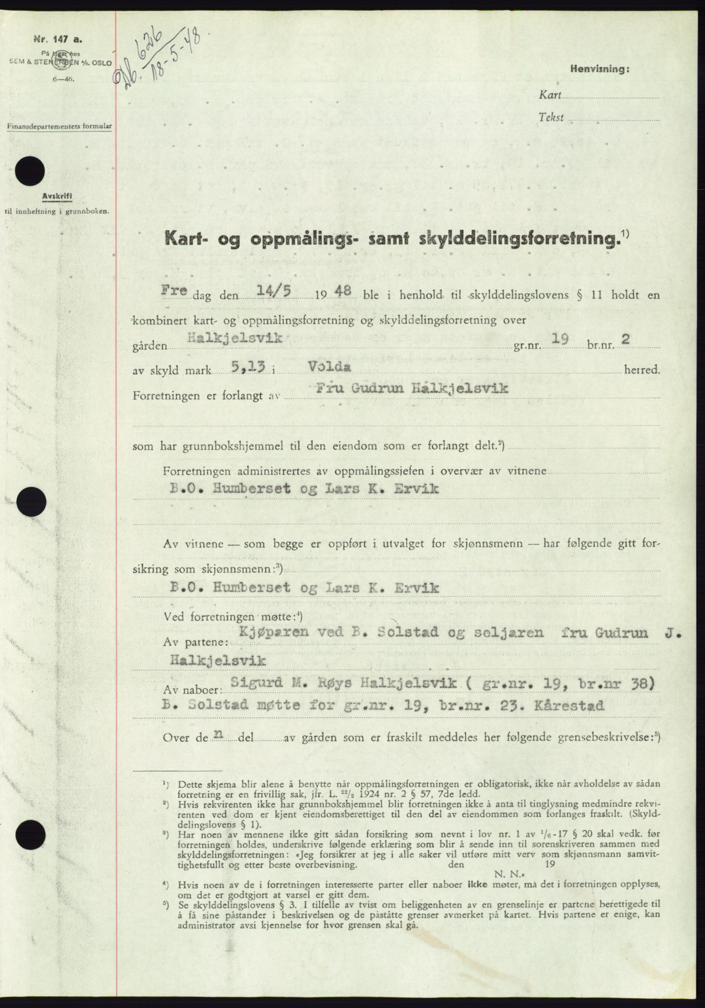 Søre Sunnmøre sorenskriveri, SAT/A-4122/1/2/2C/L0082: Pantebok nr. 8A, 1948-1948, Dagboknr: 626/1948