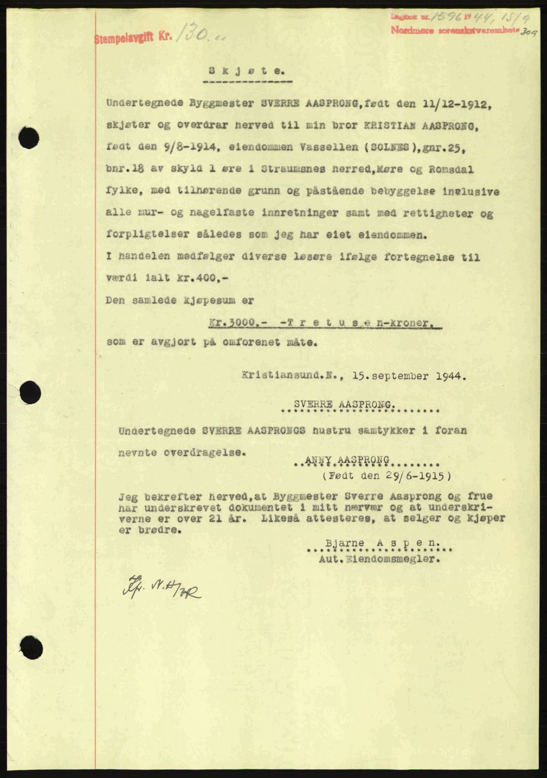 Nordmøre sorenskriveri, SAT/A-4132/1/2/2Ca: Pantebok nr. A98, 1944-1944, Dagboknr: 1596/1944