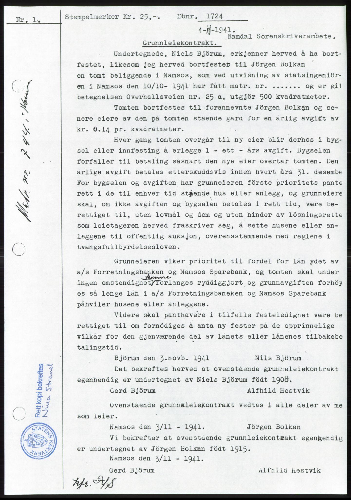 Namdal sorenskriveri, SAT/A-4133/1/2/2C: Pantebok nr. -, 1942-1943, Dagboknr: 1724/1943