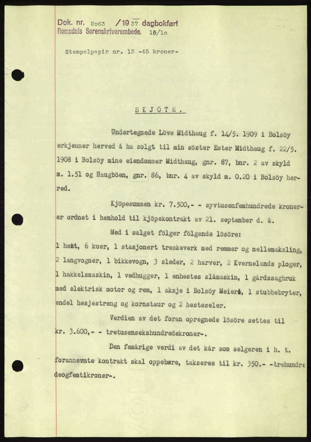 Romsdal sorenskriveri, SAT/A-4149/1/2/2C: Pantebok nr. A4, 1937-1938, Dagboknr: 2063/1937