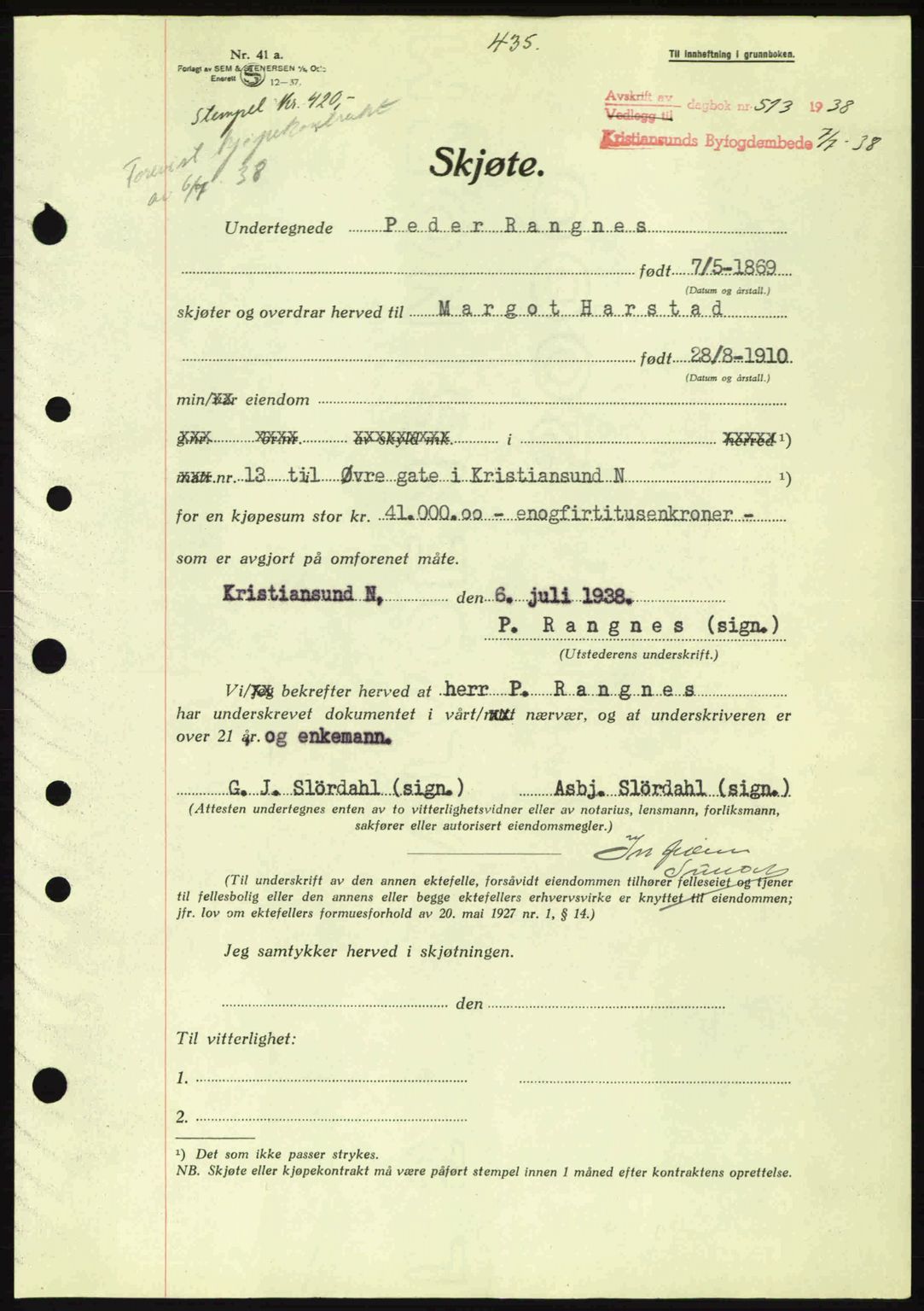 Kristiansund byfogd, AV/SAT-A-4587/A/27: Pantebok nr. 30, 1936-1941, Dagboknr: 513/1938