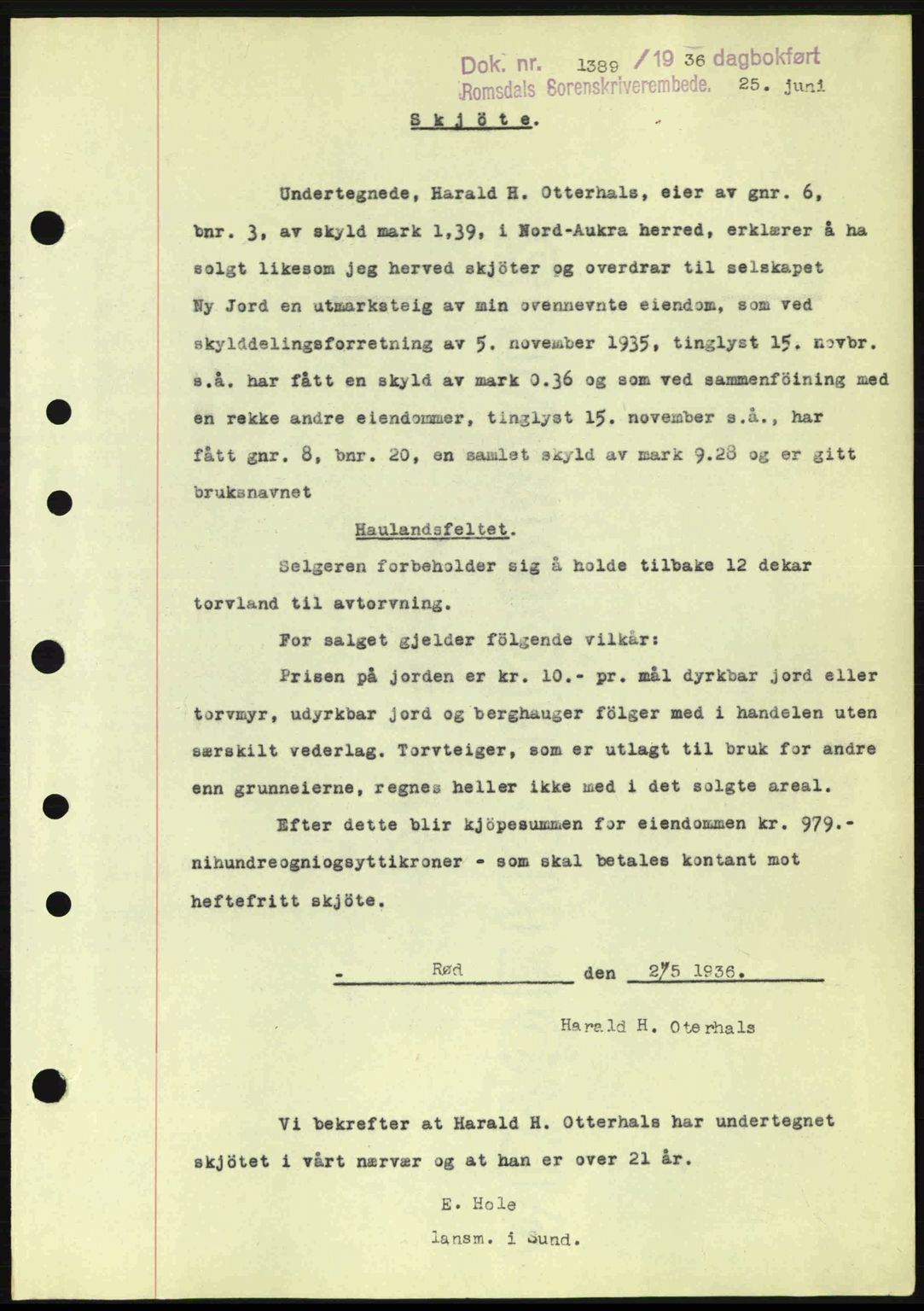 Romsdal sorenskriveri, SAT/A-4149/1/2/2C: Pantebok nr. A1, 1936-1936, Dagboknr: 1389/1936