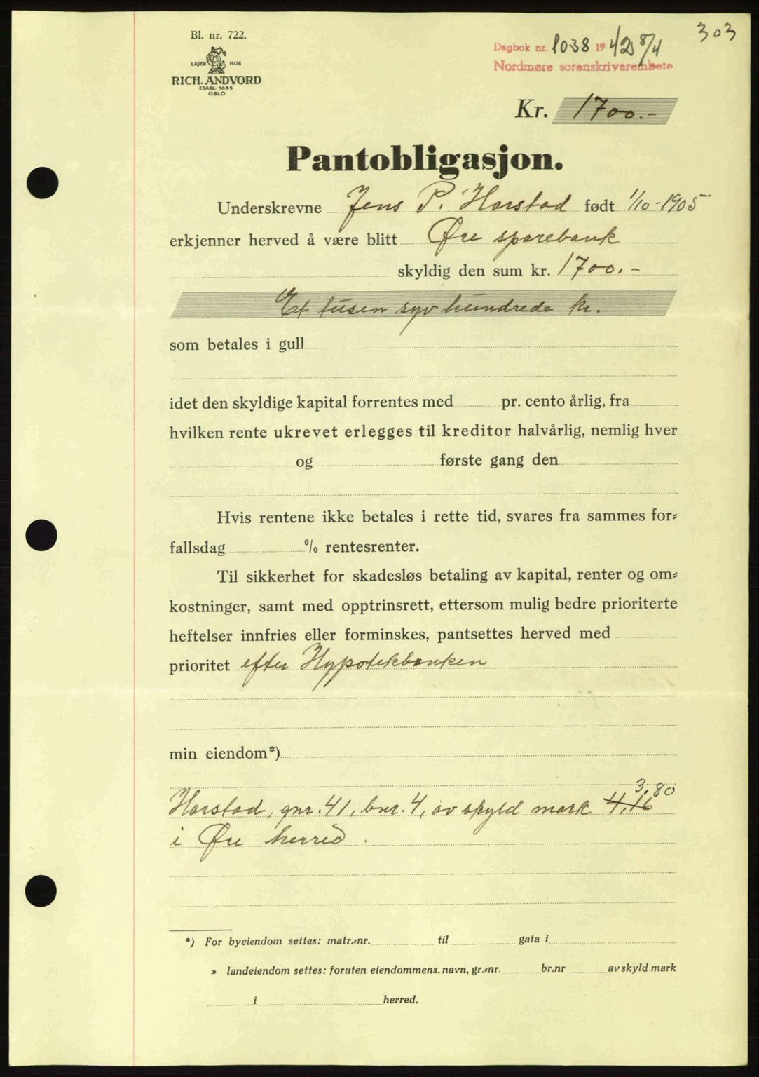 Nordmøre sorenskriveri, AV/SAT-A-4132/1/2/2Ca: Pantebok nr. B89, 1942-1942, Dagboknr: 1038/1942